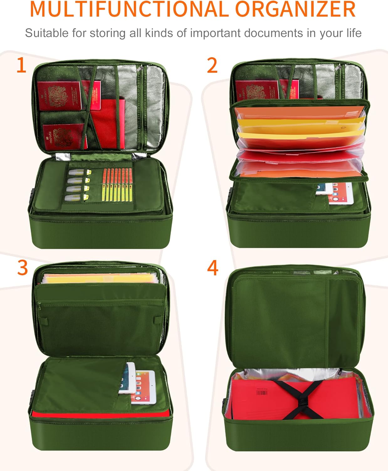 Noiposi Important Document Organizer, Waterproof and Fireproof Document Box with 7 Pockets File Folder,Portable Home Fire Safe Storage Box Case with Lock for Documents,File and Card,Green