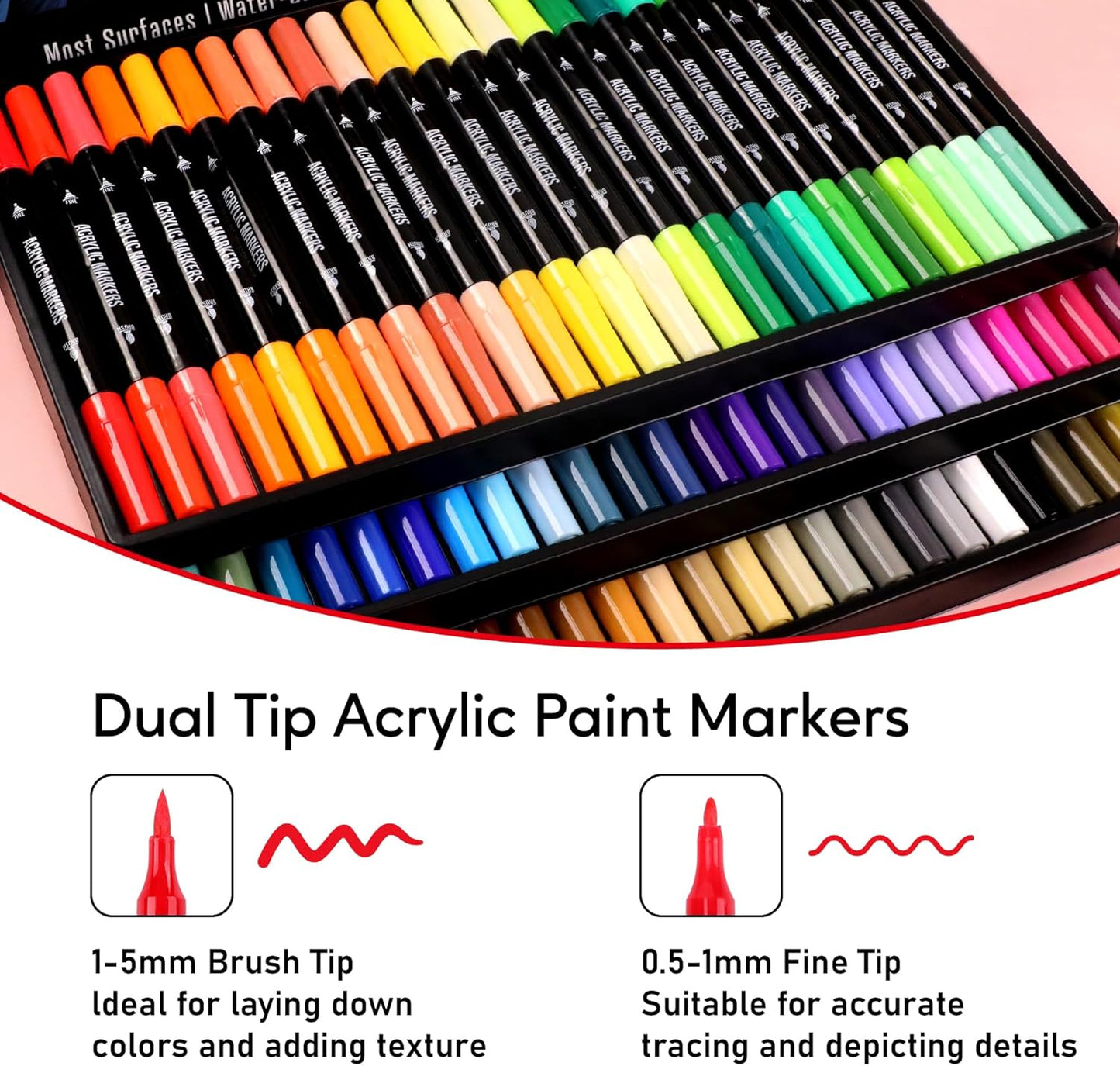 72 Colors Acrylic Paint Markers, Dual Tip with Fine Tip and Brush Tip Pens for Stone, Wood, Calligraphy, Canvas, Ceramic, Metal, Glass, Rock Painting, DIY Crafts