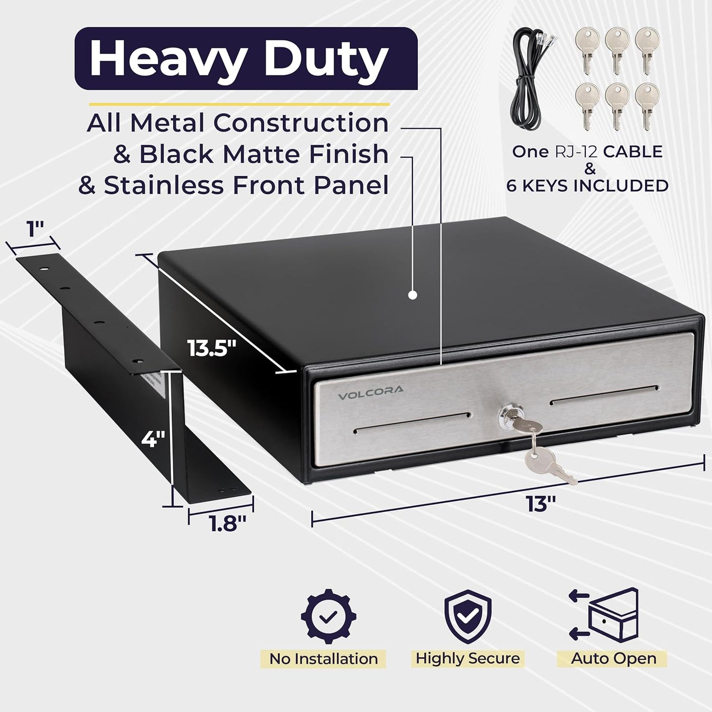 Volcora Cash Register Drawer with Under Counter Mounting Bracket - 13" Cash Drawer for POS, Stainless Steel Front 4 Bill 5 Coin Cash Tray, Removable Coin Tray, 24V RJ11/RJ12 Key-Lock, 2 Media Slots