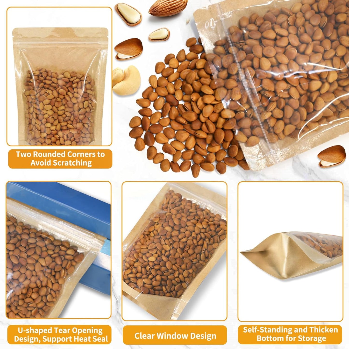 100 PCS Resealable Bags, Stand Up Kraft Bags with Window Clear Front Pouches, Zipper Lock Food Storage Bags 6.29×9.44 Inch Reusable Sealable Bags for Packaging