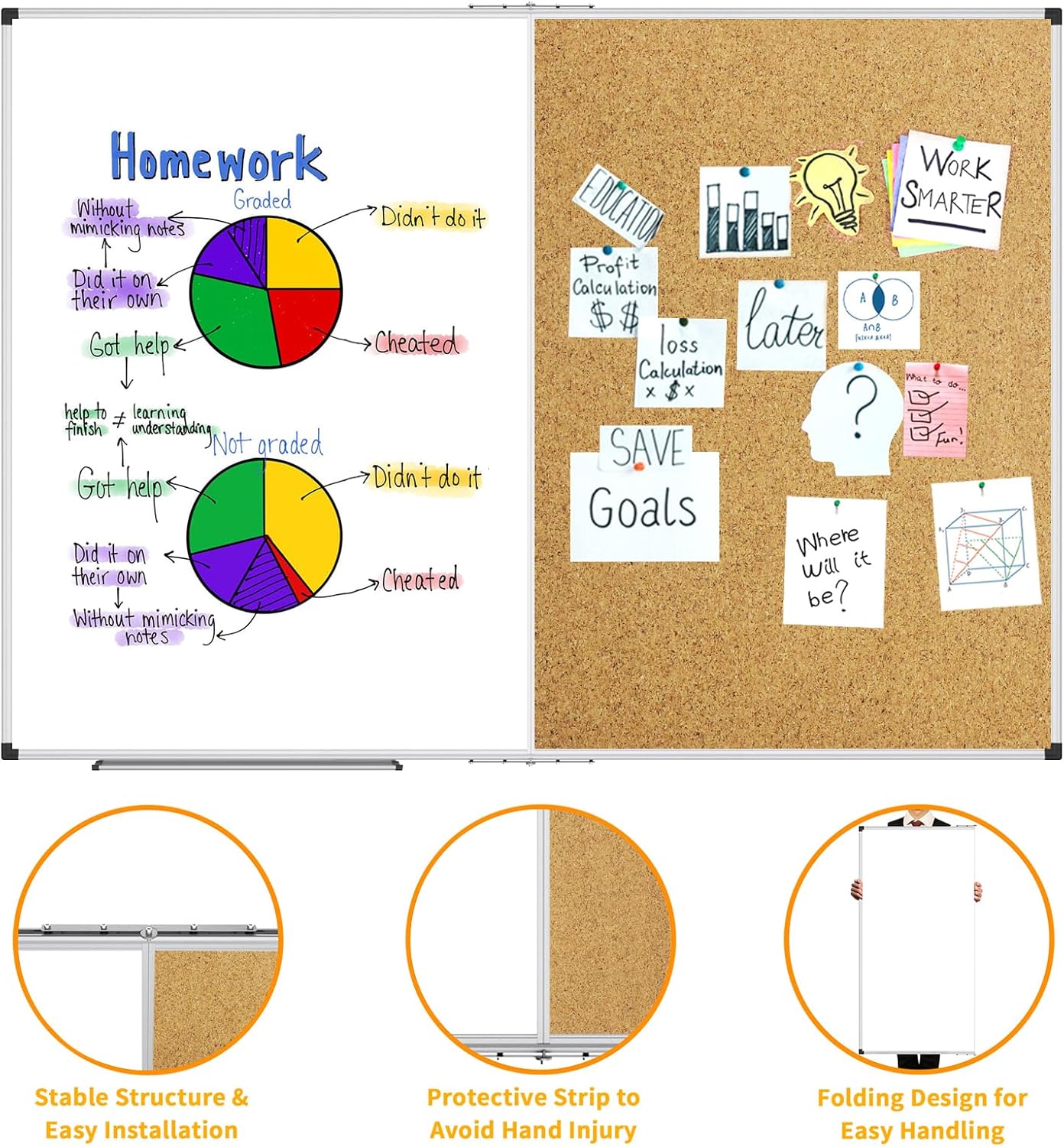 XBoard Extra Large Magnetic White Board and Bulletin Corkboard Combination, 72 x 40 Inch Foldable Dry Erase & Cork Combo Board for Wall with Aluminum Frame, 6' x 3' Notice Memo Board Pin Vision Board