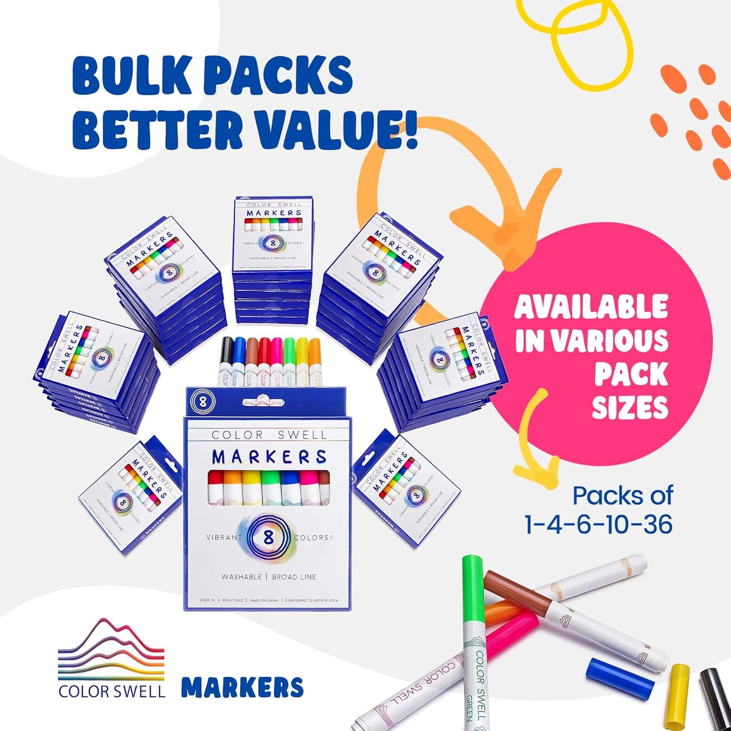 Color Swell Washable Markers Bulk 4 Pack of 8 Vibrant Colors Each for Kids, Adults, Teachers, Parties, and Families