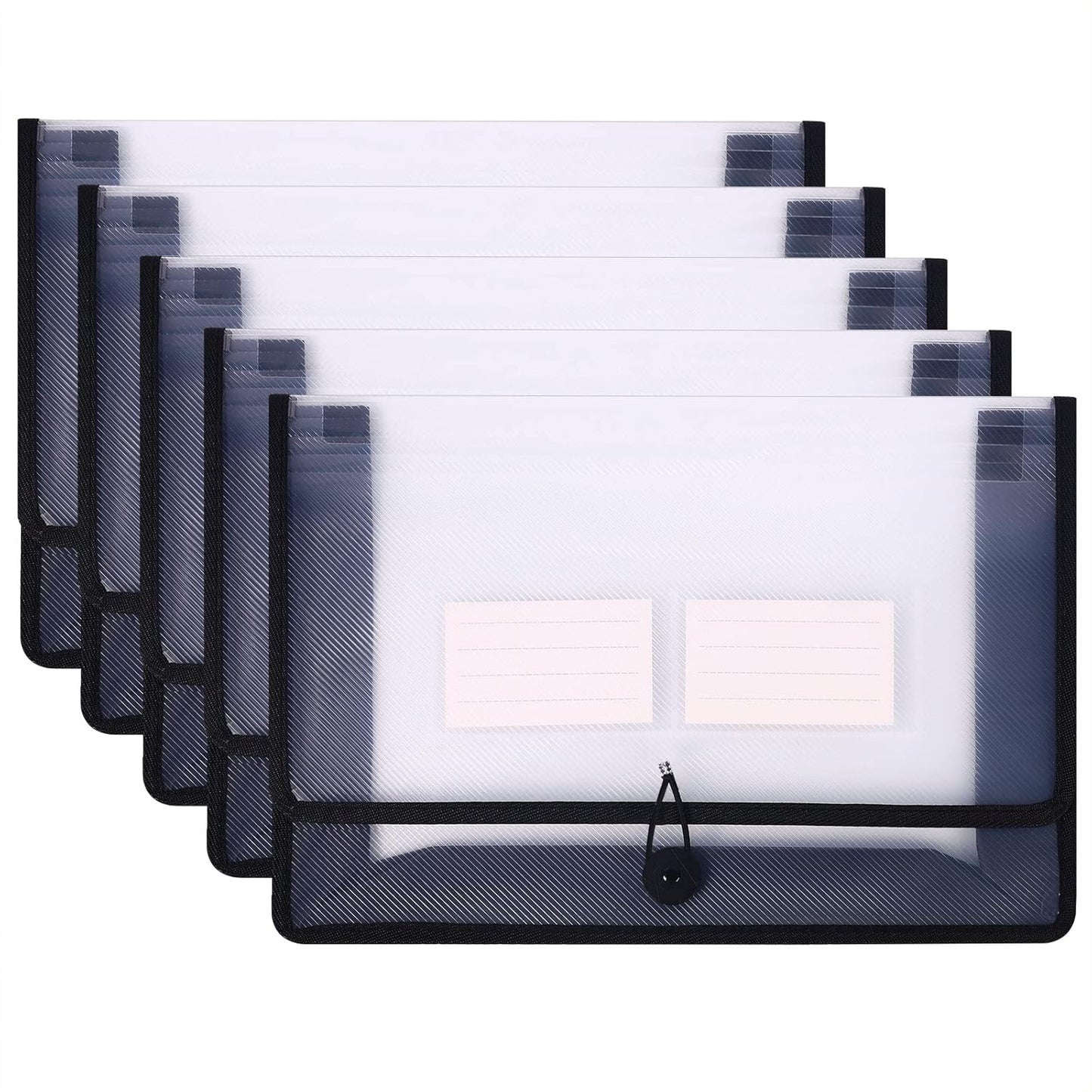 Eco-Friendly Plastic File Folders, Poly Expanding File Wallet, Expandable Envelope Organizer Document Folder with Elastic Band and Button Closure, with Small Two Pockets, 5 Pack- Black