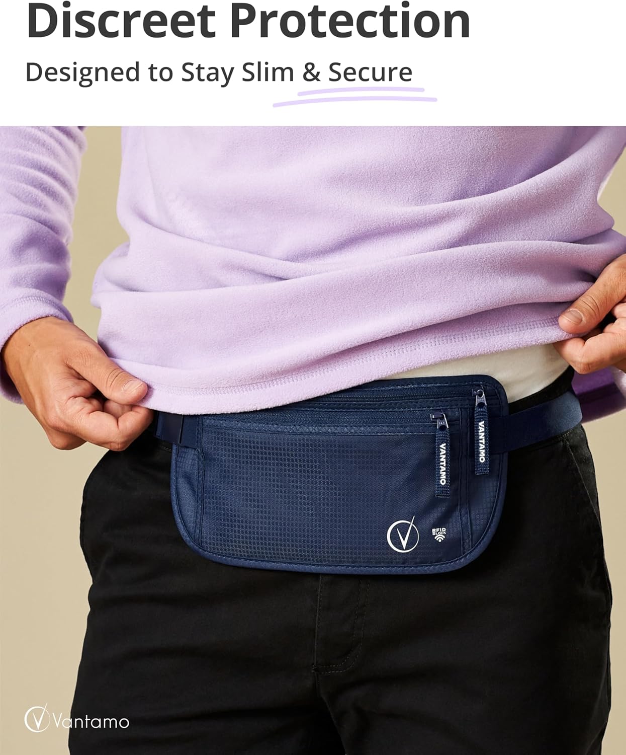 Vantamo Hidden Money Belt For Extra Safety, RFID Ultra-Thin Fanny Pack, 2 Compartment Money Bag Fits Passport & Phone