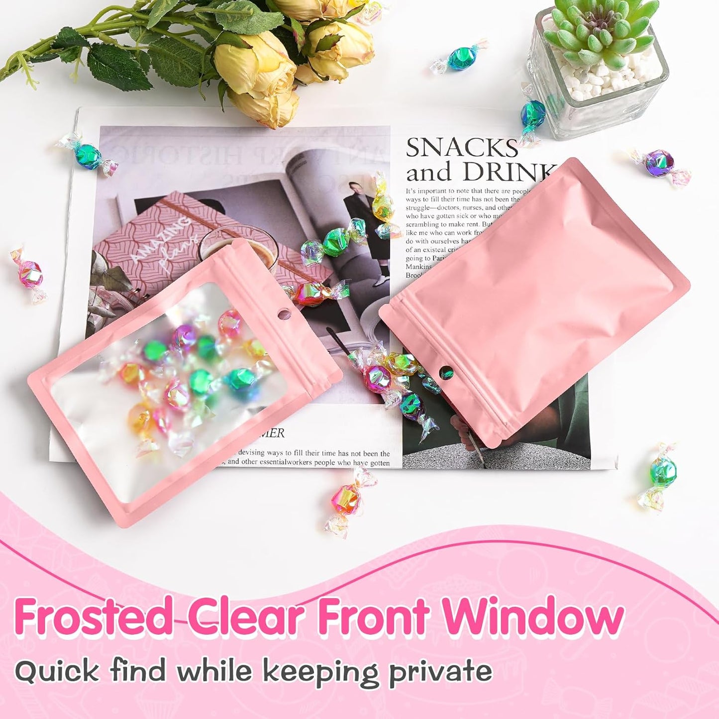 FUNFERY 100 Pack Mylar Resealable Bags Foil Packaging Bags with Clear Window,Zipper Pouch Smell Proof Bag for Food Storage,Cookies,Sample,Small Business(Pink,7x10inch)