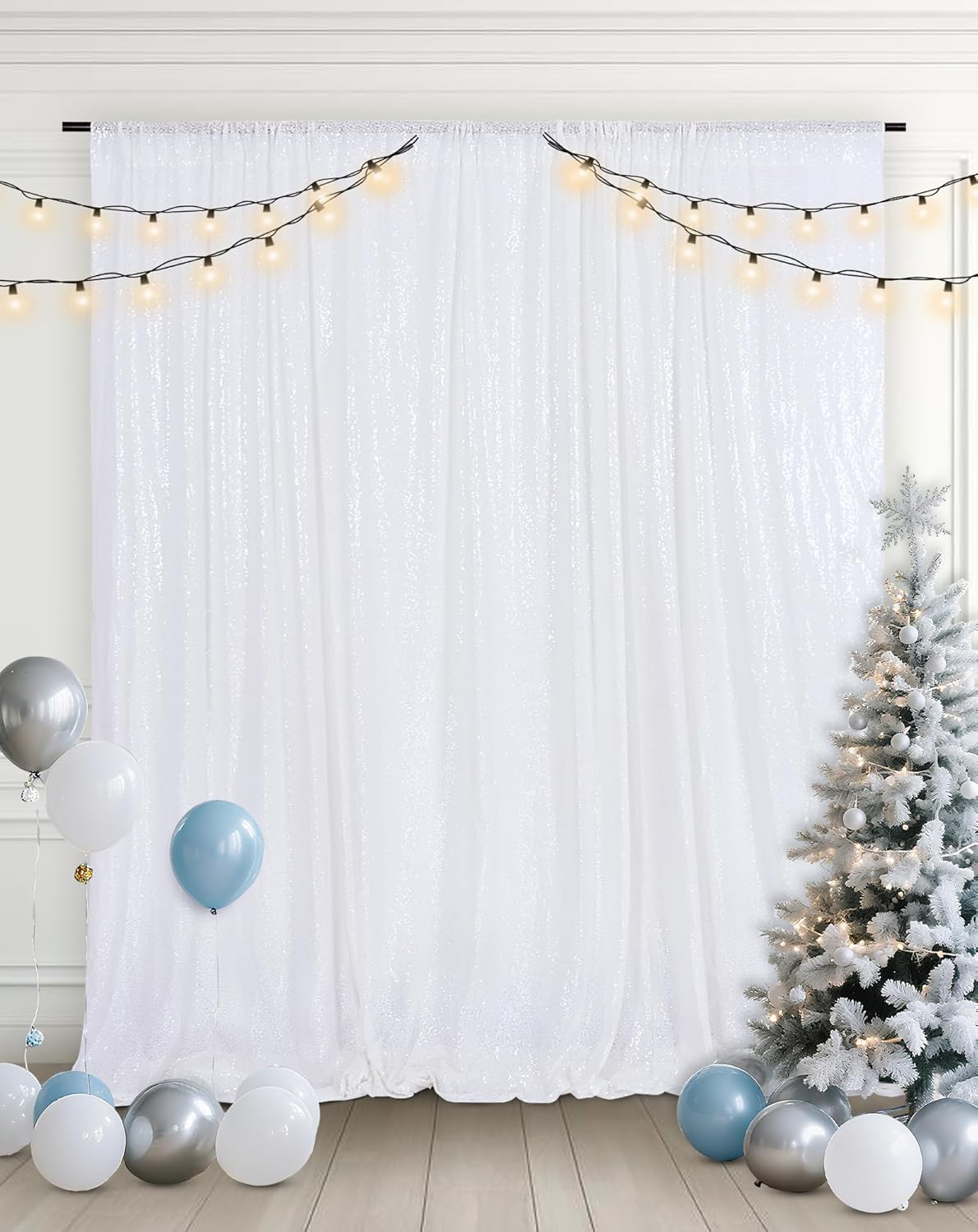 Eternal Beauty White Sequin Backdrop, 4x7 Ft Glitter Background Curtains for Christmas Shimmer Photography Party Wedding Birthday Back Drop Decor