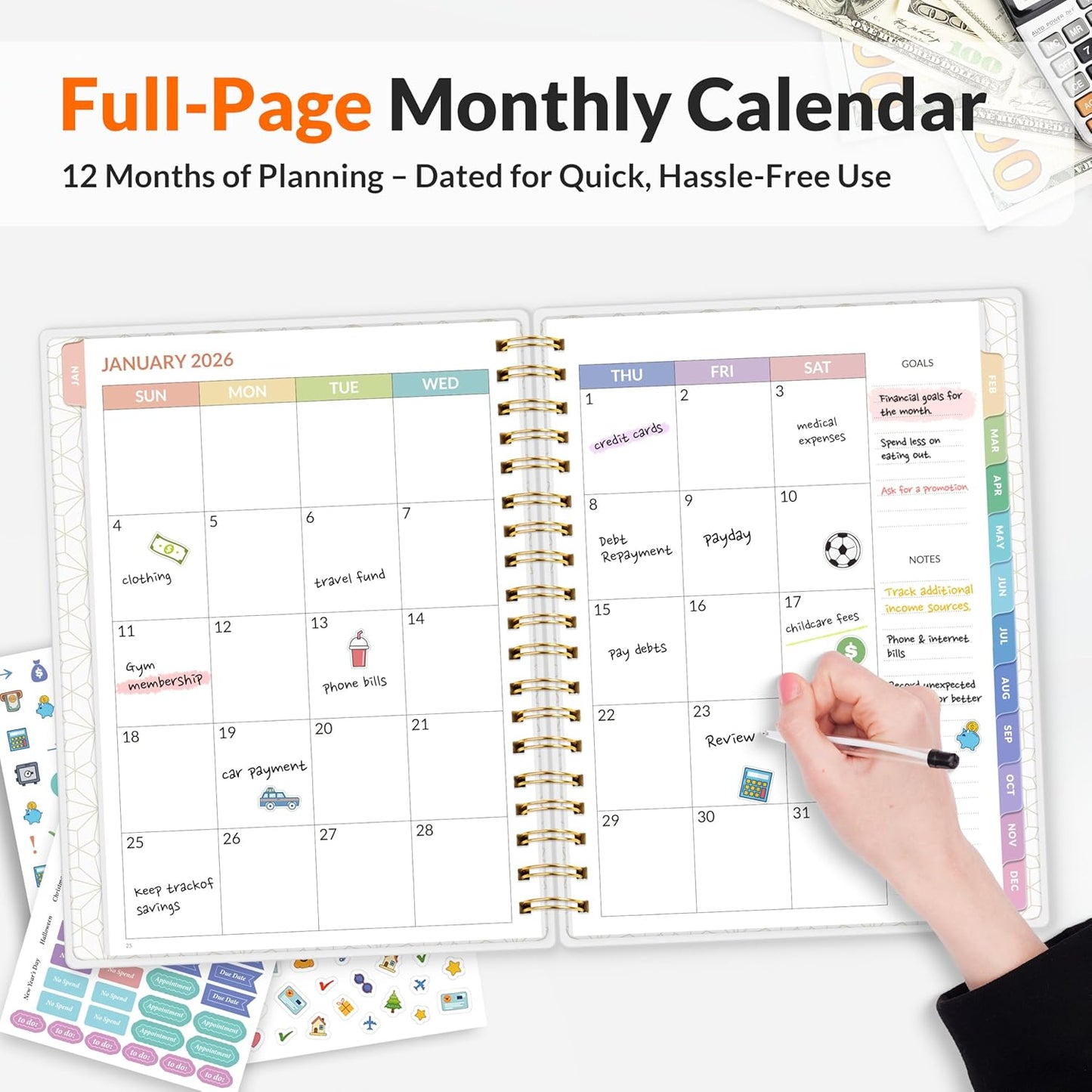 SUNEE 2026 Budget Planner - Deluxe Monthly Budget Book from JAN 2026 - DEC 2026, Bill Organizer with 12-Pockets, Expense Tracker Notebook B5 Size (8" x 10"), Finance Planner Account Book, Pink