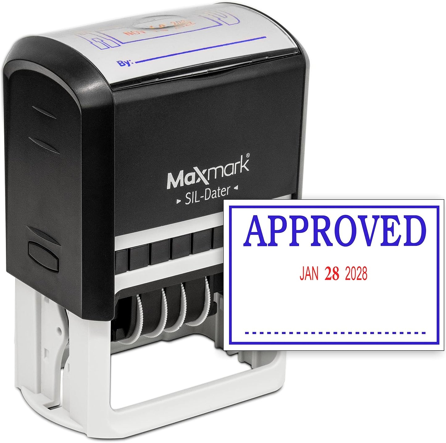 MaxMark Large Self-Inking Rubber Date Office Stamp with Approved Phrase & Date - Blue/Red Ink, 12-Year Band - Style 3