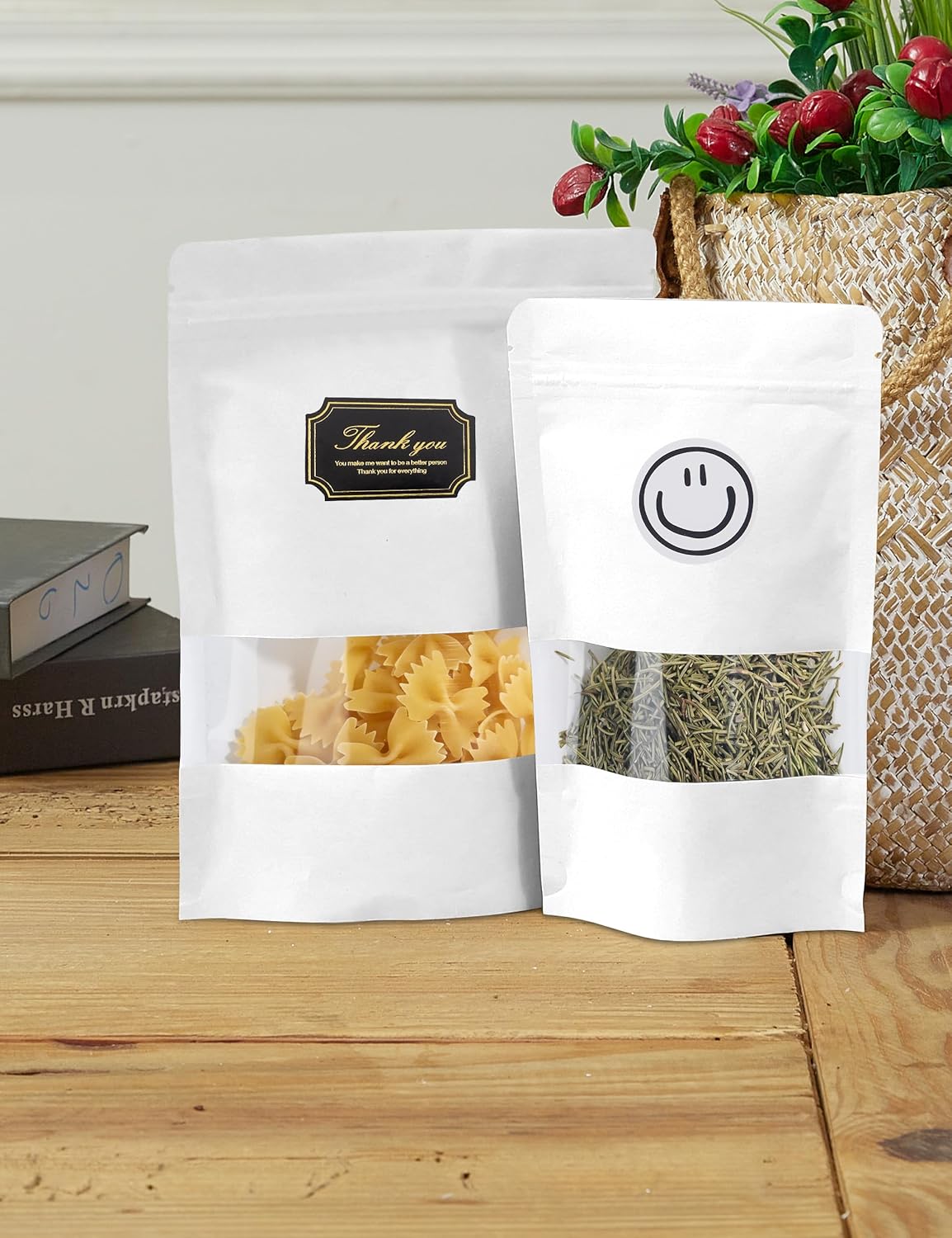 100 Pcs WhitePaper Bags with Window, 7.9" x 11.8" Stand Up Pouches Bags, Zipper Food Storage Bags for Packaging Products, Reusable, Sealable