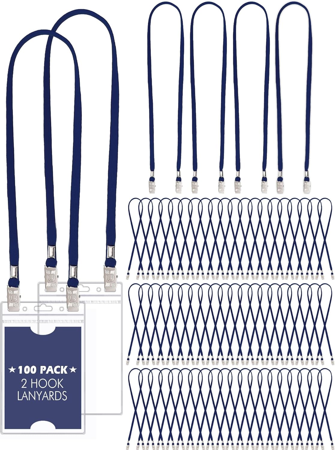 Patelai 100 Pack Double Clip Lanyards Bulk Face Mask Lanyards Twist Free 2 Hook Design Adjustable ID Badges Neck Straps for Conferences Office School Class Card Keychain (Navy Blue)
