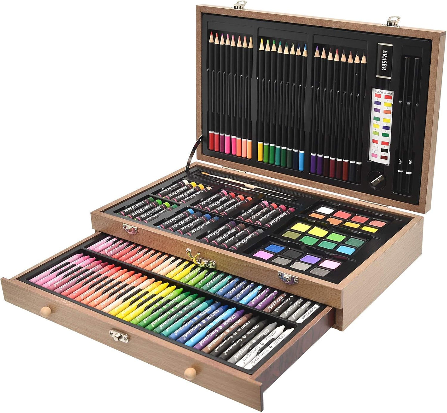 Sunnyglade 145 Piece Deluxe Art Set, Wooden Art Box & Drawing Kit with Crayons, Oil Pastels, Colored Pencils, Watercolor Cakes, Sketch Pencils, Paint Brush, Sharpener, Eraser, Color Chart (Tan)
