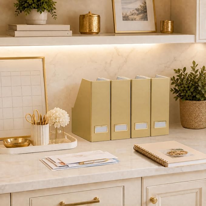BLU MONACO | Gold Cardboard Magazine File Holder Set of 4 | Vertical Magazine - Image 5