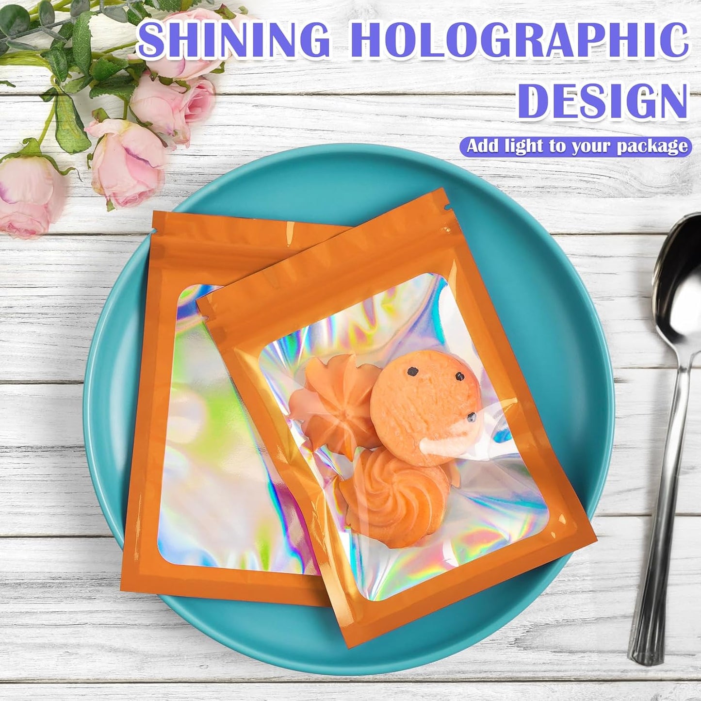 300 Pcs Mylar Bags, Smell Proof Bags Foil Pouch, Holographic Resealable Bags for Small Business, Candy Sample Jewelry Bag Sealable Packaging for Party Favor Food Storage (4x6in-Orange)