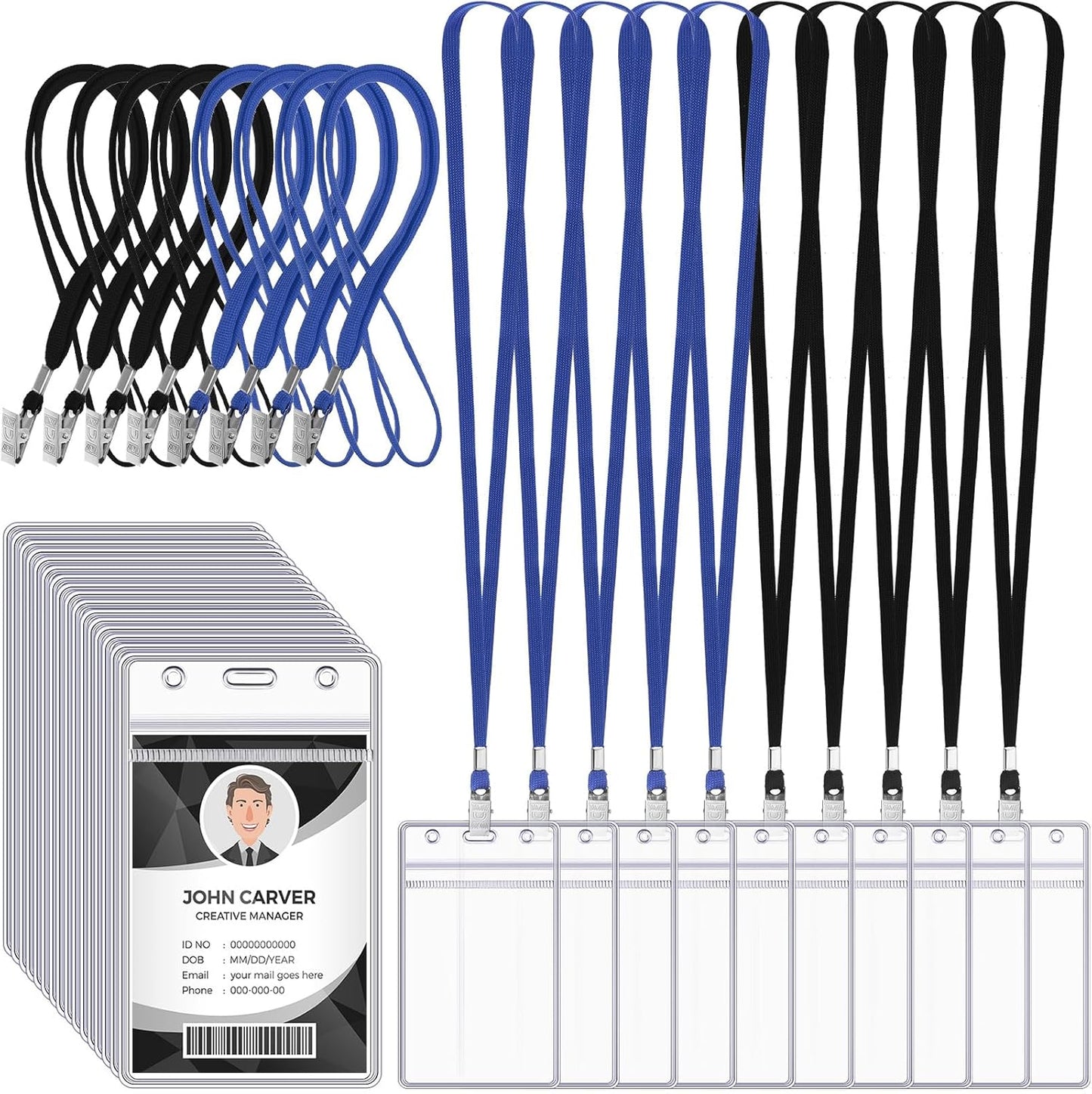 Marspark 200 Pcs Name Tag Lanyards with ID Holder Lanyards for ID Badges Resealable Flat Neck Name Tag with Clip Waterproof Plastic Clear Badges Bulk for School Office Supplies (Black,Blue)