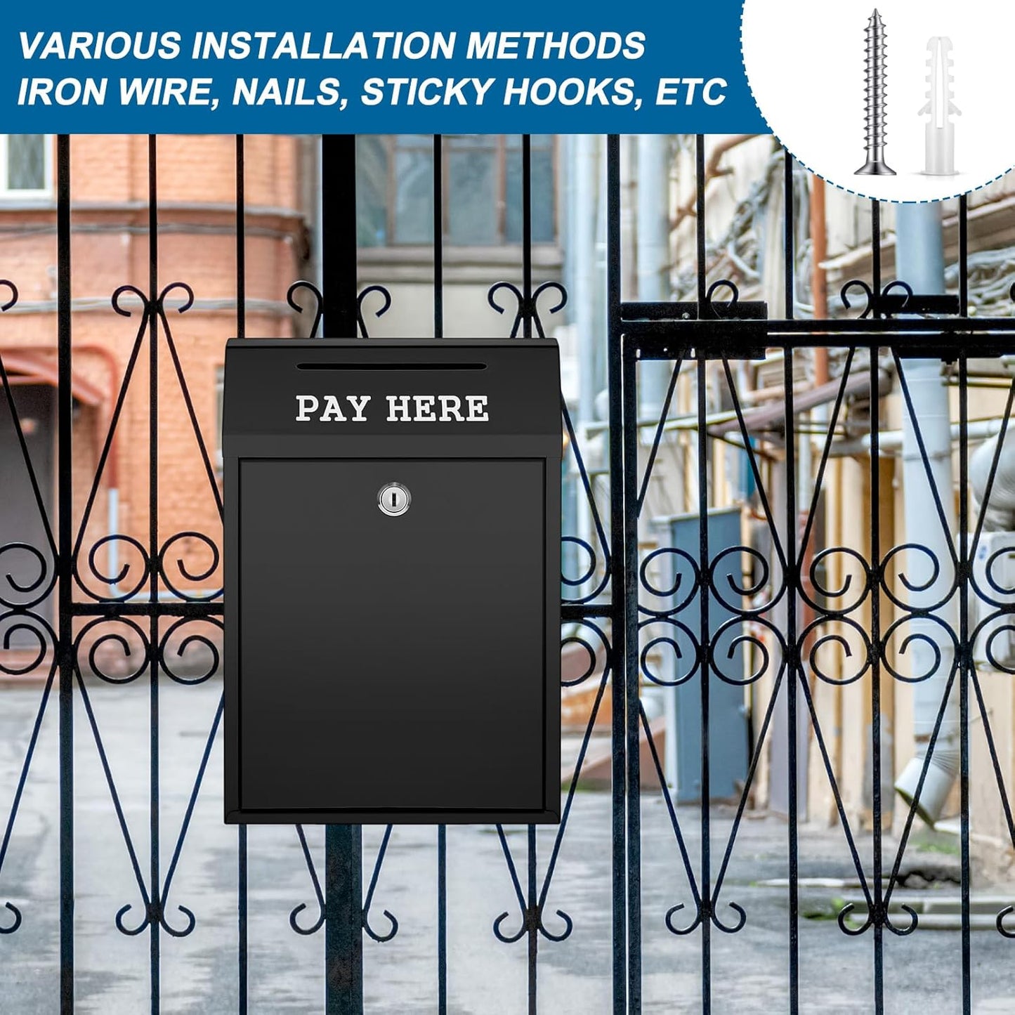 Safe Cash Box Money Collection Metal Donation Box with Lock Wall Mount Pre Drilled Mailbox Delivery Ballot for Home Office Outdoor Self Serve Stand(Black,11.8 x 8.6 x 4.7 Inch)