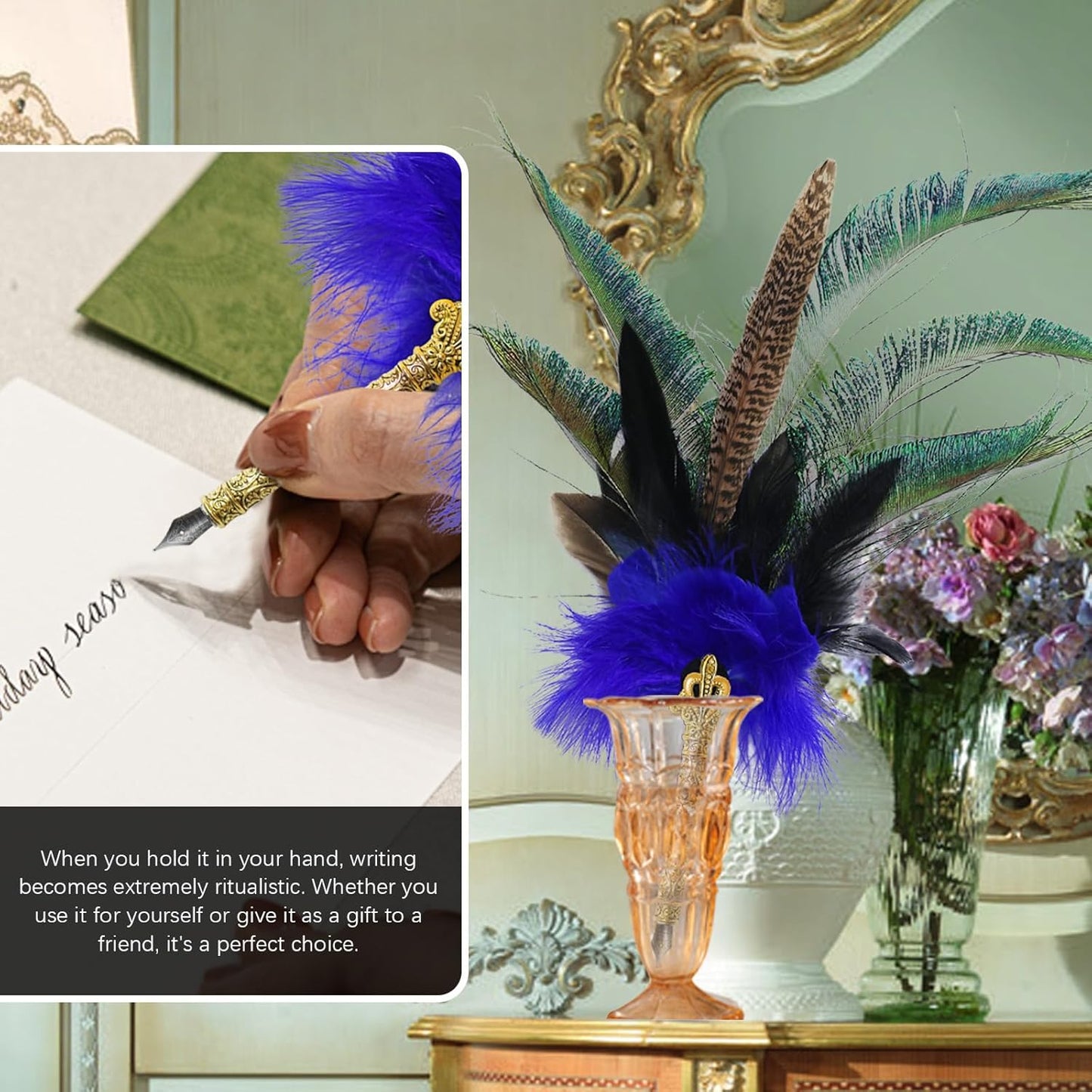 CROWN GUIDE Luxury Feather Pen with Black Ink Set - 13.8" Peacock Fancy Quill Fountain Pen for Writing Calligraphy, Wedding Nikkah Pen for Guest Book Journaling Gift, Blue