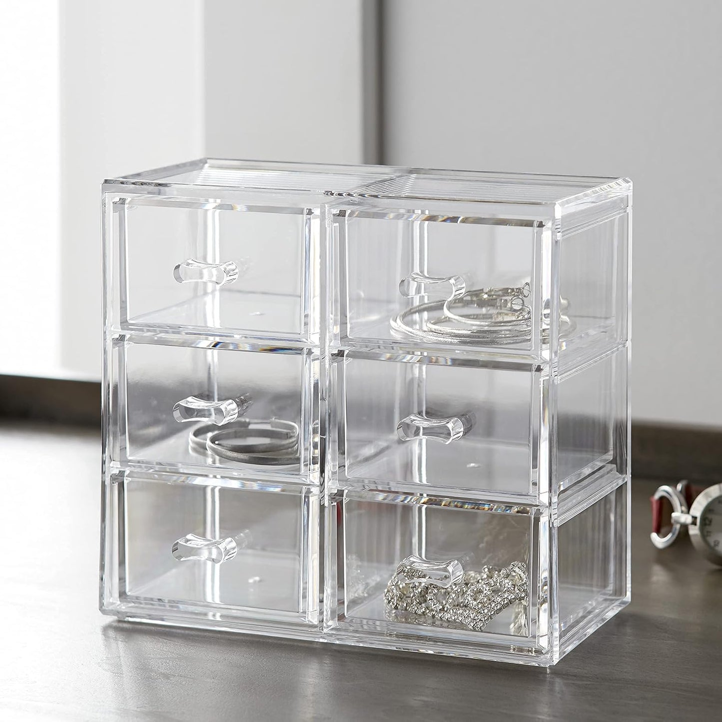 Huang Acrylic Stackable Upright 6-Drawer Jewelry Organizer Crystal Clear Acrylic | Makeup Jewelry Accessories Cosmetic Countertop Storage Display 3.15 x 5.75 x 6.75 inches | Shatter-proof Design