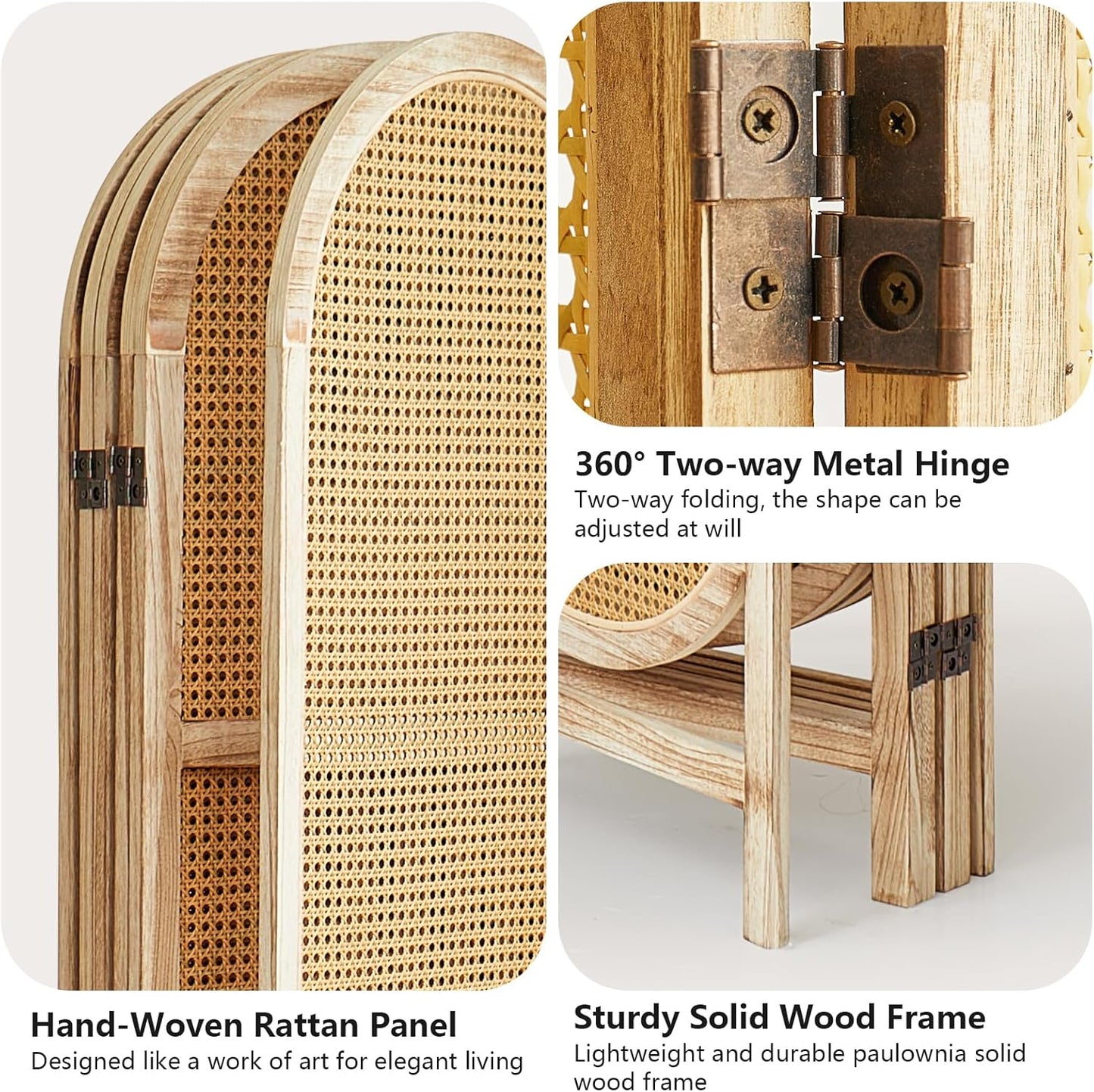 6 Panel Room Divider, 5.6 Ft Foldable Wood Room Divider Screen, Hand-Woven Rattan Folding Privacy Screens with Double Hinges, Wall Divider for Room Separation Bedroom Home Office - Natural