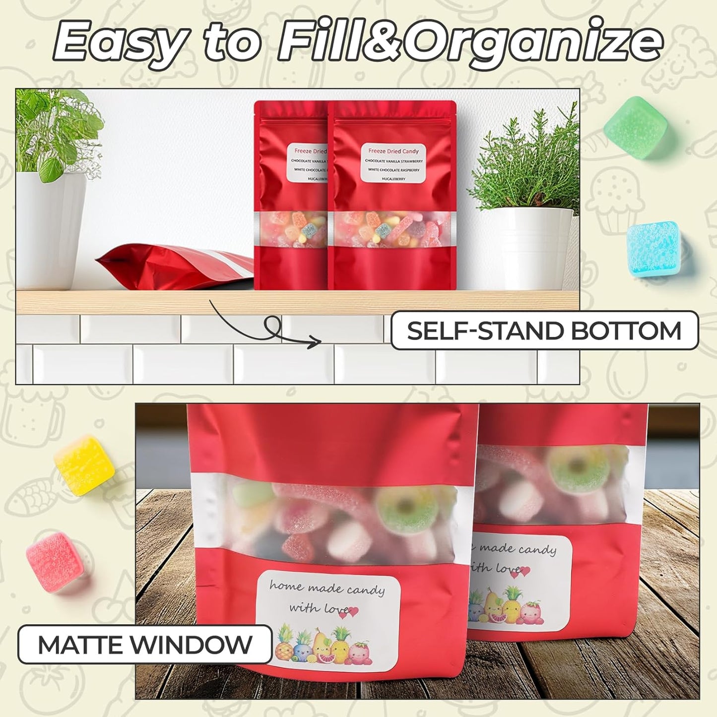 Funfery 100 Pcs Smell Proof Packaging Bags,Mylar Clear Bags for Food Storage,Sealable Bag for Packaging,Stand Up Pouches with Window,ReSealable Bag for Small Business,Cookies,Candy(Red,4x6in)
