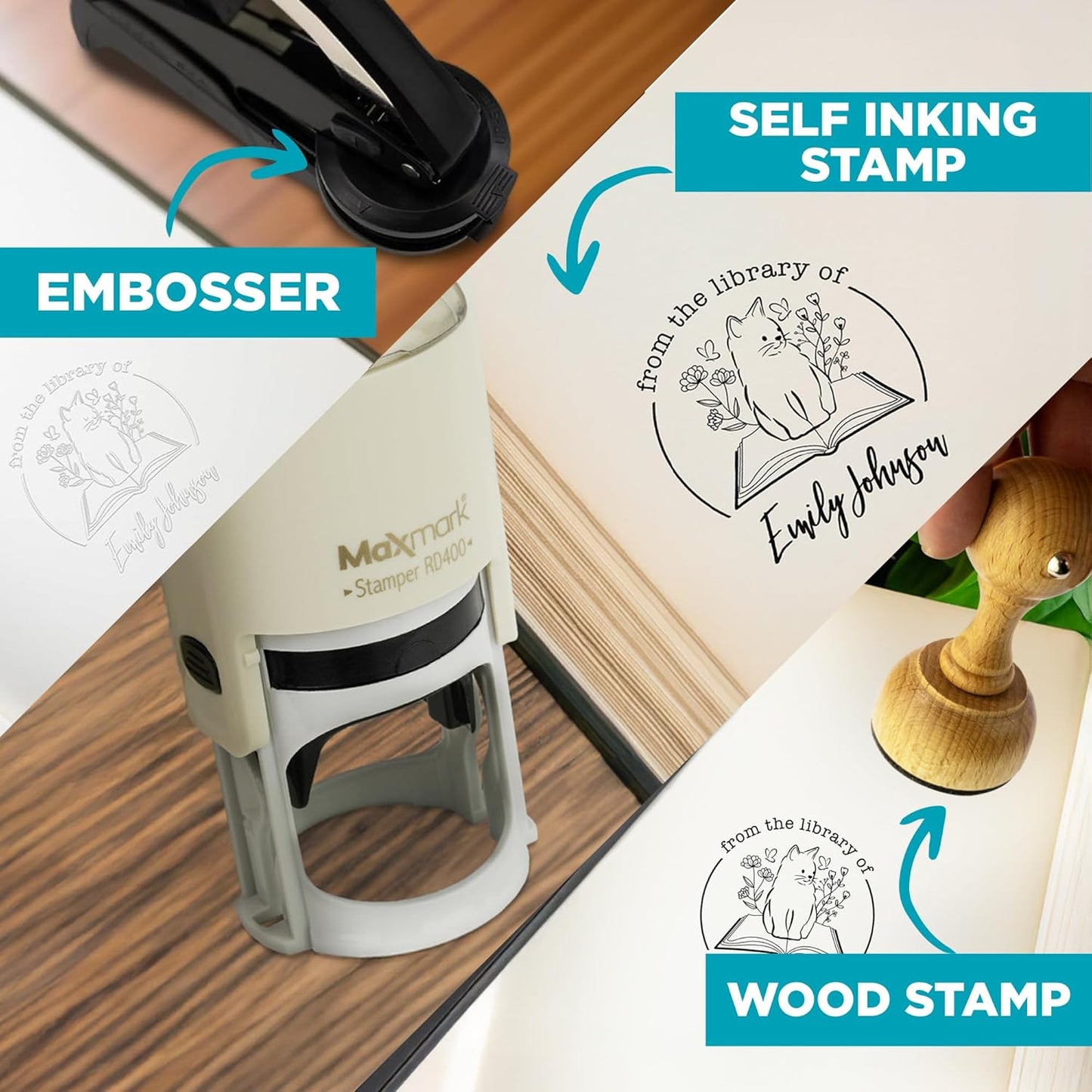 Custom Library Embosser - Style 116 - Embosser, Wood Stamp or Self Inking Stamp - Book Embosser Includes 50 Gold Seals - Custom Stamp Seal from The Library of