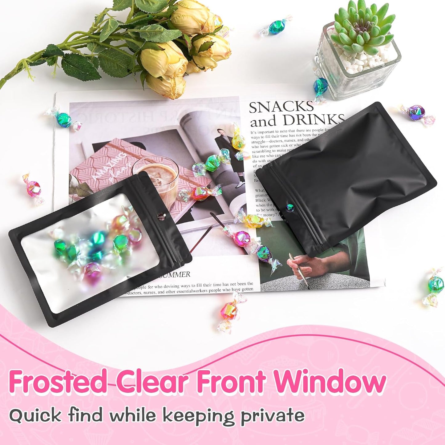 FUNFERY 100 Pack Mylar Resealable Bags Foil Packaging Bags with Clear Window,Zipper Pouch Smell Proof Bag for Food Storage,Cookies,Sample,Small Business(Black,3.5x6.3inch)