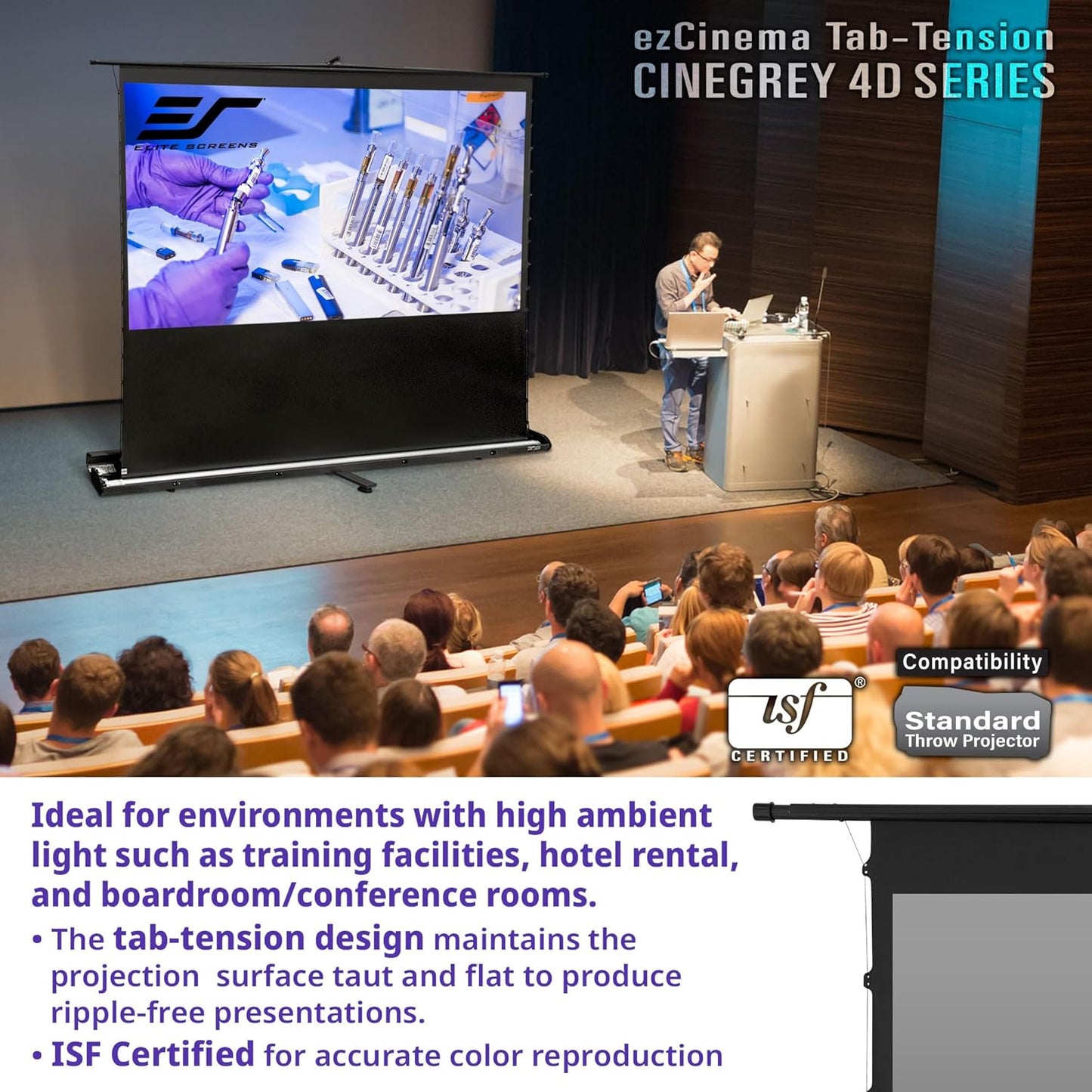 Elite Screens ezCinema Tab-Tension CineGrey 4D, 113-inch 16:9, Manual Floor Pull Up ISF Ceiling Ambient Light Rejecting, Portable Home Office Classroom Projector Screen with Carrying Bag, FT113UH-C4D
