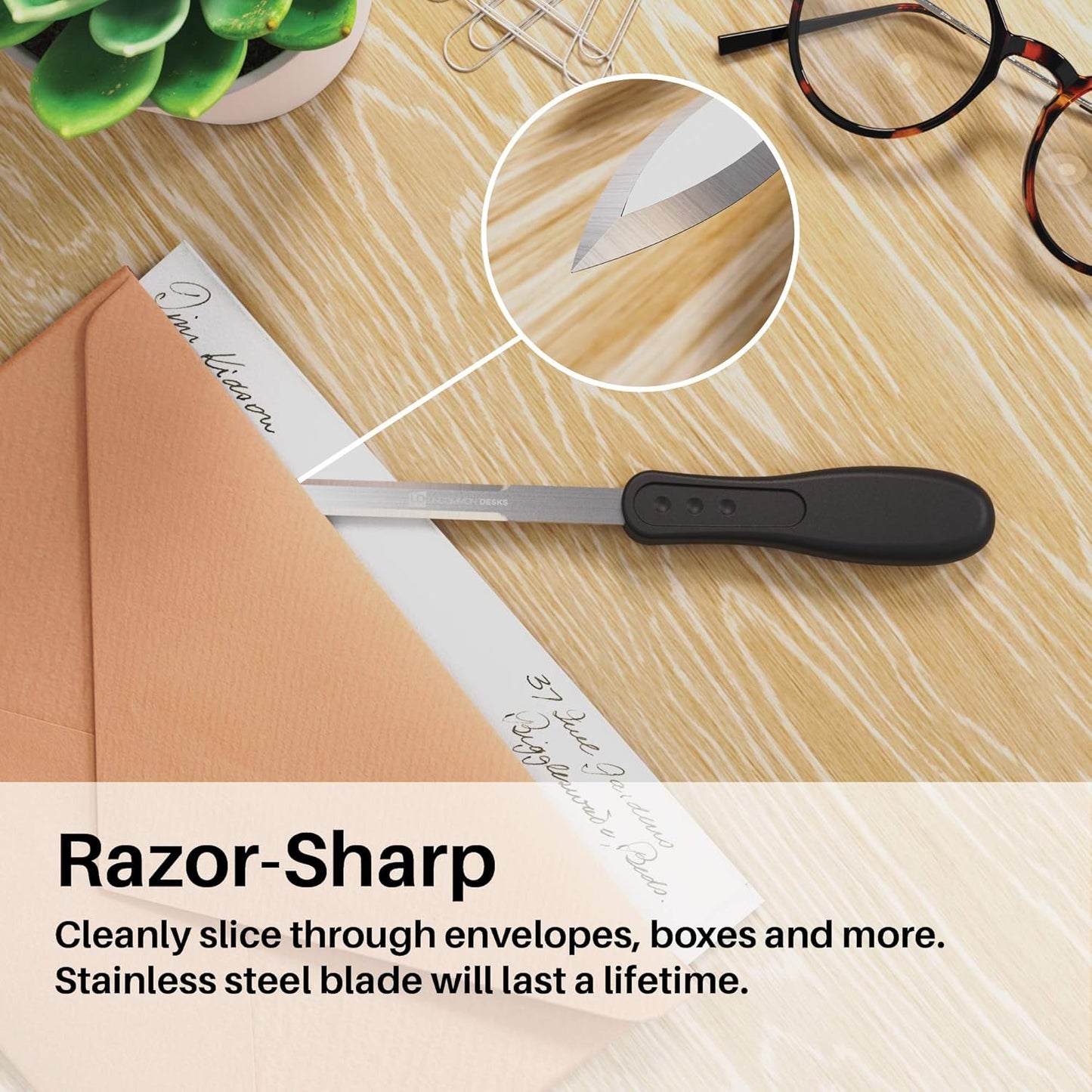 Uncommon Desks Office Letter Opener - Stainless Steel Knife-Edge Blade, Ergonomic Grip Handle (Black, 3 Pieces)