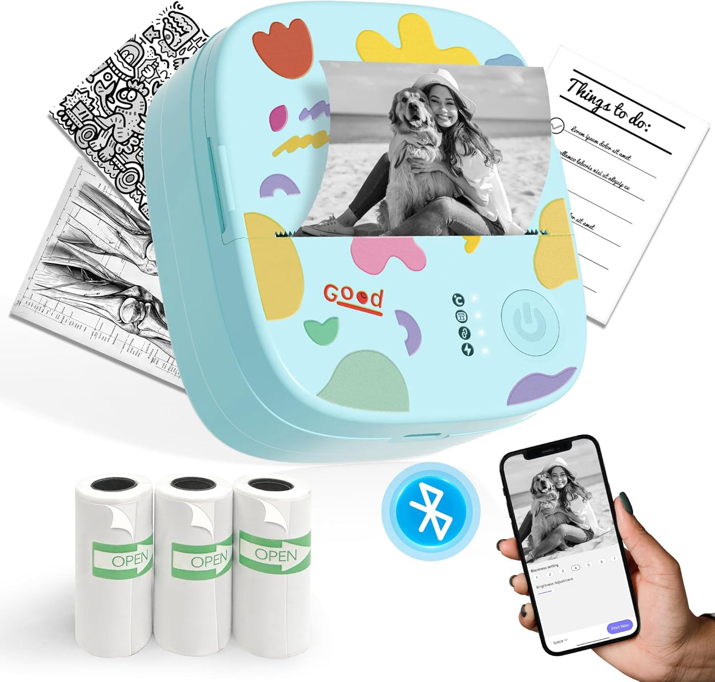 Mini Portable Sticker Printer, Mini Thermal Printer with 3 Rolls Paper, Bluetooth Inkless Printpods, Pocket Label Maker Suitable for Creative DIY, Diaries, Photos, Study Notes - Blue