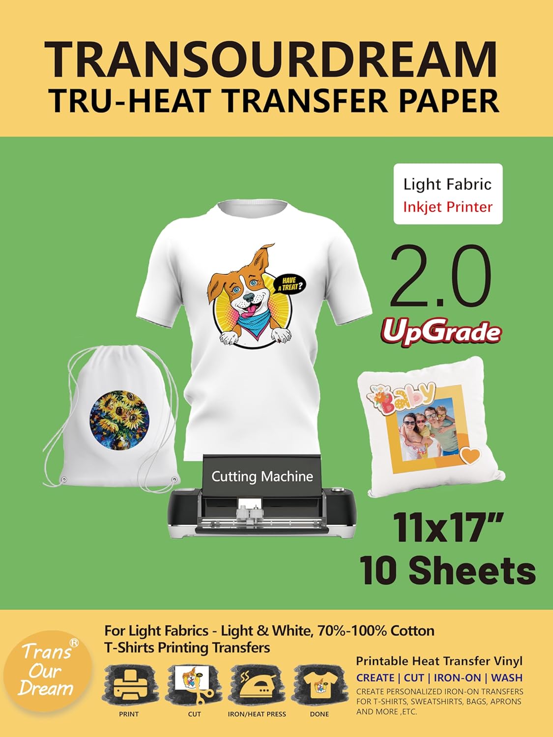 TransOurDream Iron on Heat Transfer Paper for Light T Shirts (10 Sheets, 11x17", Light 2.0) Printable HTV Heat Transfer Vinyl for Inkjet Printers Iron on Transfers for White Cotton Fabrics