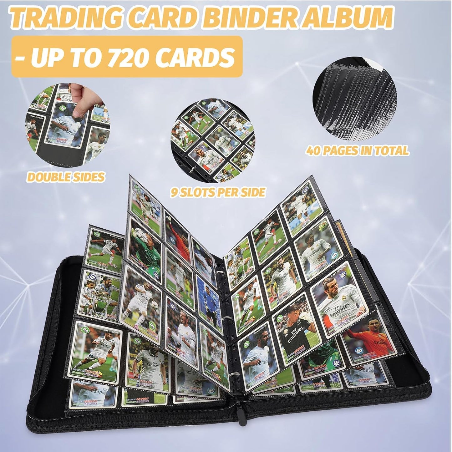 9 Pocket Card Binder, Premium Zip Trading Card Binder, 720 Double Sided Pocket PU Card Collection Binder, Collector Card Album, Card Folder for MTG, TCG, Sports Cards, Game Cards (Grey2)