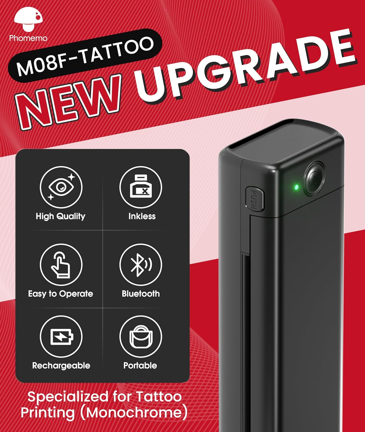Phomemo Tattoo Stencil Printer, M08F Wireless Thermal Tattoo Printer with 10pcs Transfer Paper, Compatible with Phone/Tablet/PC, Tattoo Supplies for Tattoo Artists, AI Image Generation, All Black