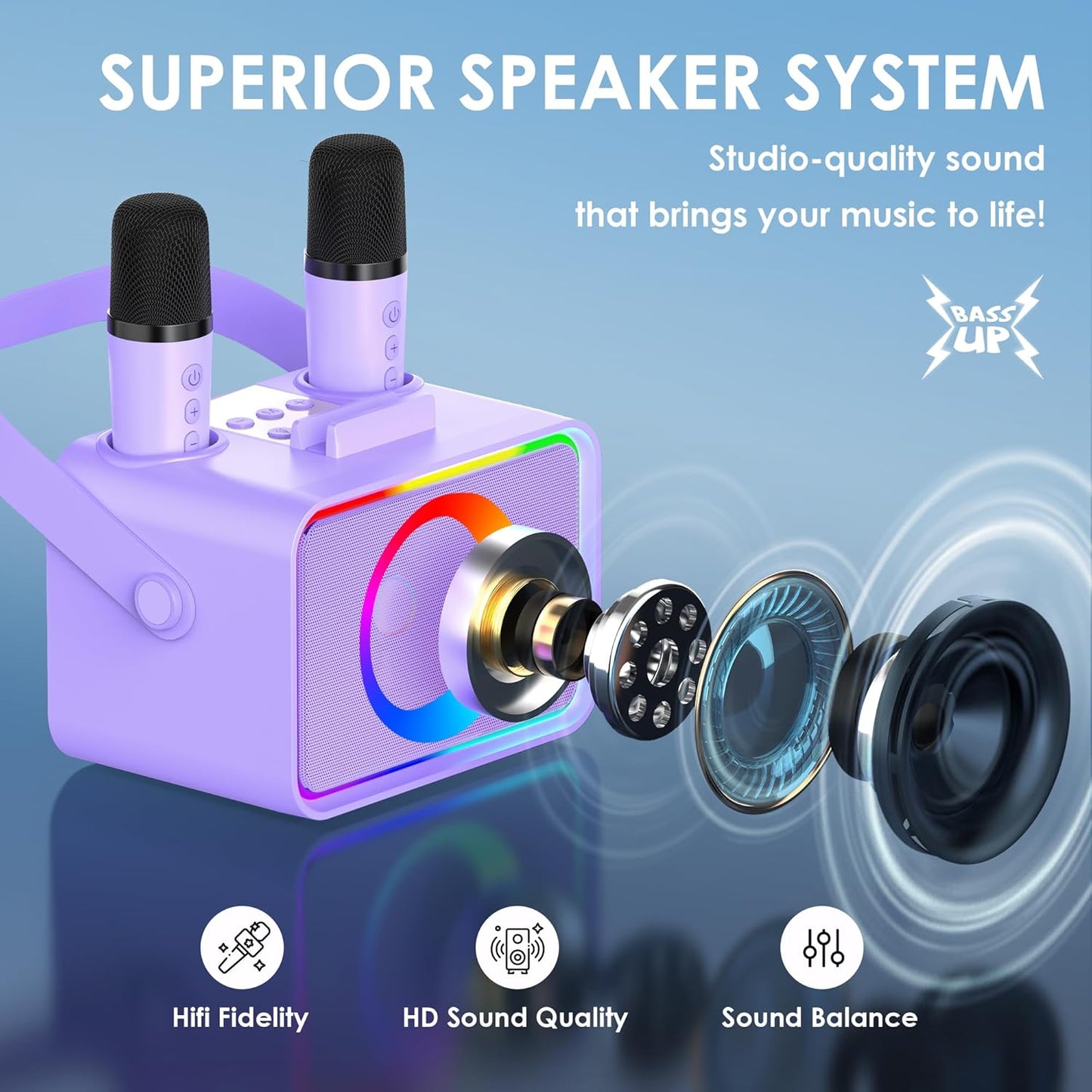 Karaoke Machine,Portable Bluetooth Speaker with 2 Wireless Microphone for Adults & Kids with LED Lights, Karaoke Microphone with PA System Supports USB/TF/AUX,Gift for Party (Purple)