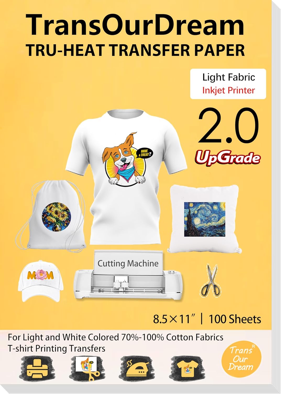 TransOurDream Tru-Iron on Heat Transfer Paper for Light Fabric (100 Sheets, 8.5x11") Printable Iron on Transfers Paper for Inkjet Printer & Teflon Paper for T Shirts