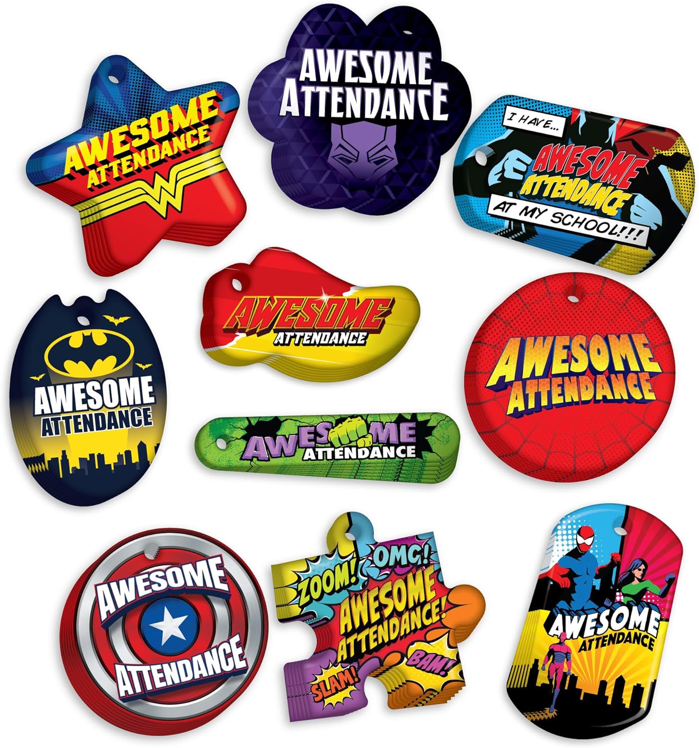 Awesome Attendance Heroes Brag Tag Value Pack to Improve Students' School & Classroom Attendance: 500 Tags (50 Tags for Each Design) + 150 USA-Made 24" Hypoallergenic Aluminum Safety Chains