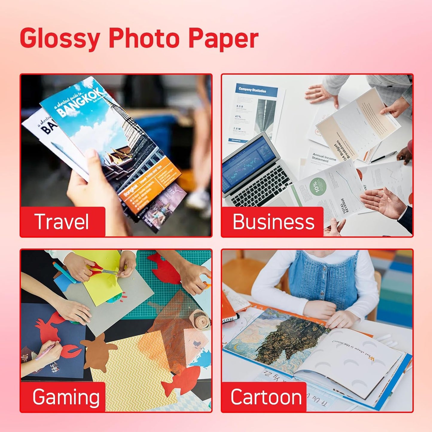 140gsm Glossy Brochure and Flyer paper Double Sided Glossy Photo Paper 100 Sheets 8.5x11 Inches for Inkjet Printer and Dye Ink Chip Bag Paper for Party Favors