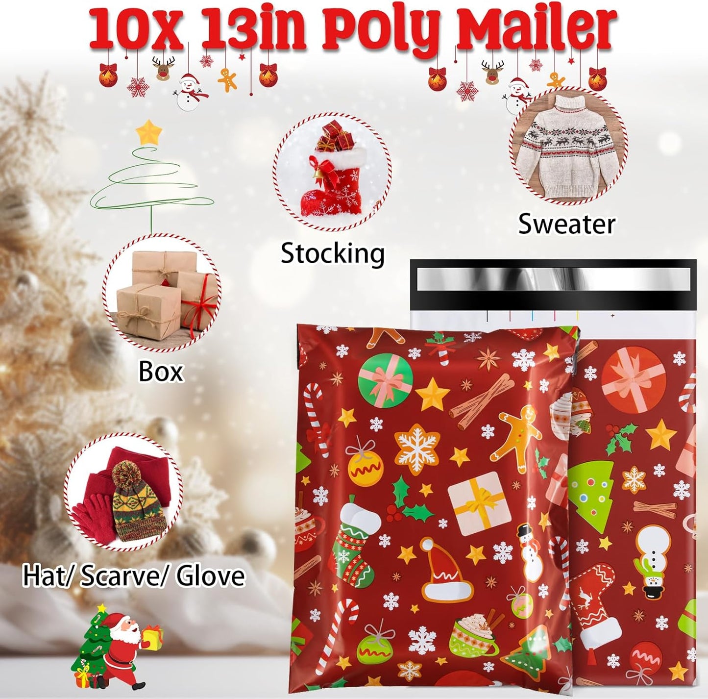 Oududianzi Christmas Poly Mailers 10x13, 100PCS Waterproof Shipping Bags, Self Seal Mailers Poly Bags for Shipping, Holiday Polymailer Packaging Bags for Christmas Gift