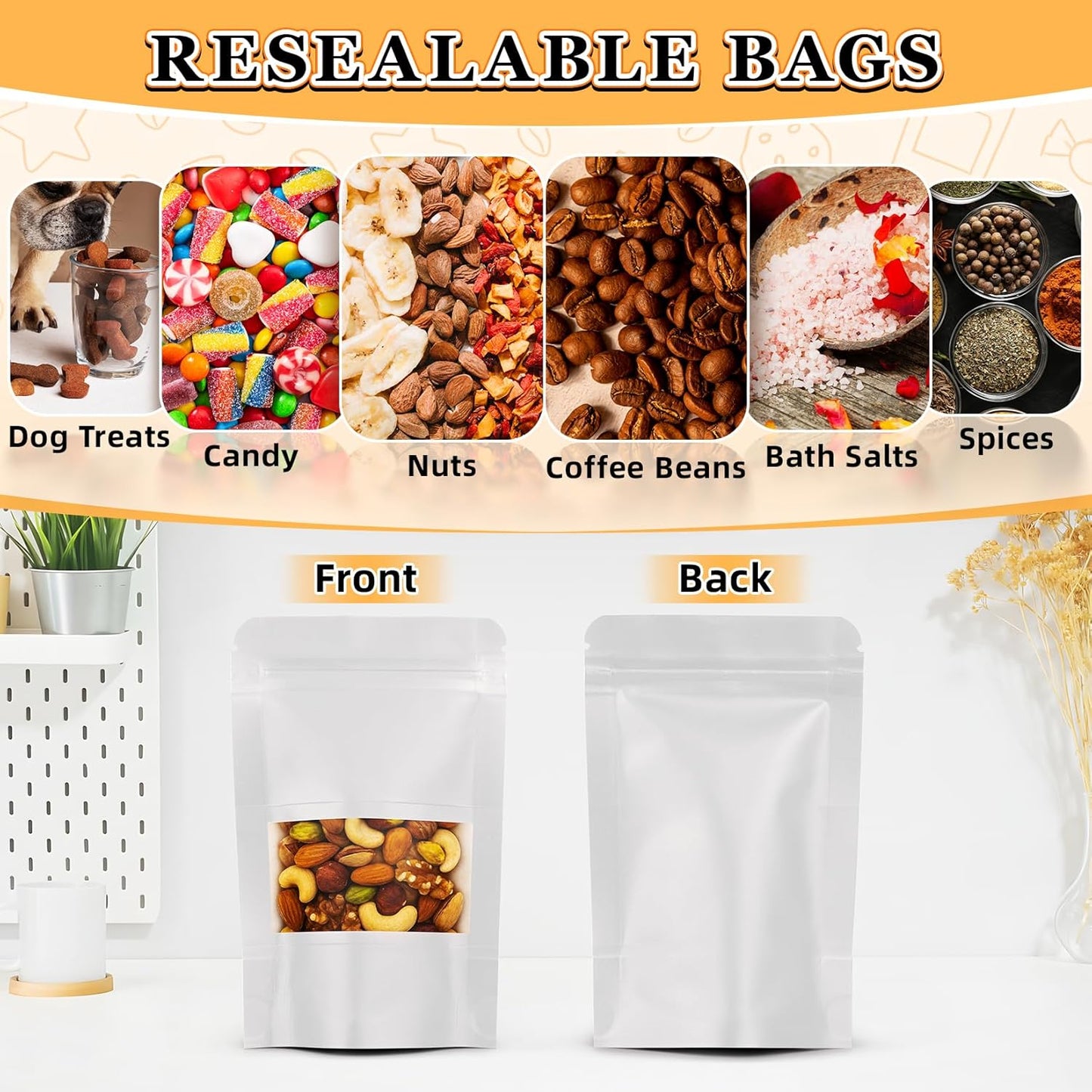 Food Bags 100 Pack Granola Trail Mix Bags Mylar Bags with Window Resealable Mylar Stand Up Pouches Wax Melt Candy Bar Tea Packaging Beef Jerky Chip Bag Bolsas para Carne Seca (4.7"x7.9")