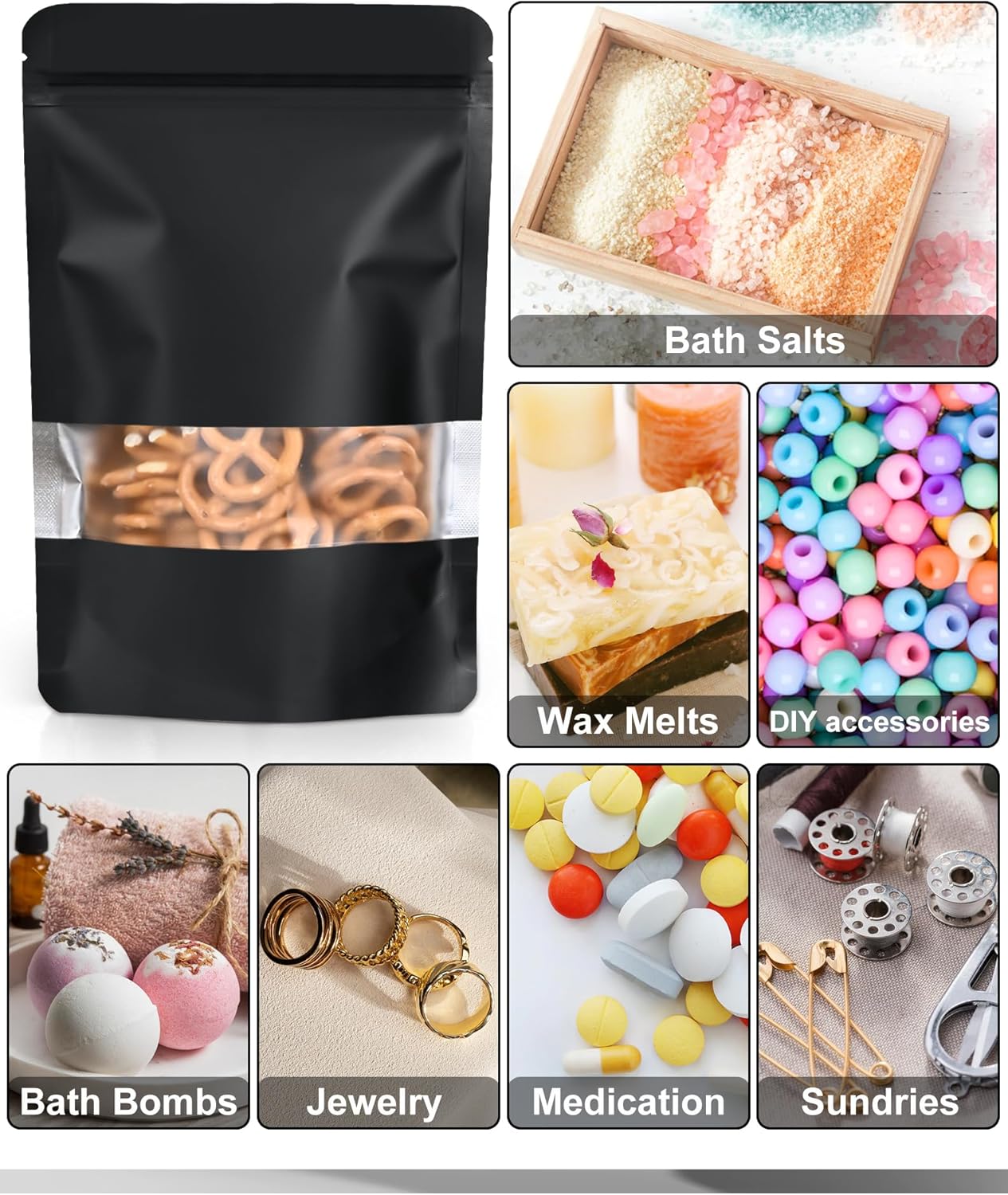 FireKylin 100 Pack Smell Proof Bags 7.1" x 10.2", Resealable Bags with Matte Window, Foil Pouch Stand Up Sealable Bags for Packaging（Black）