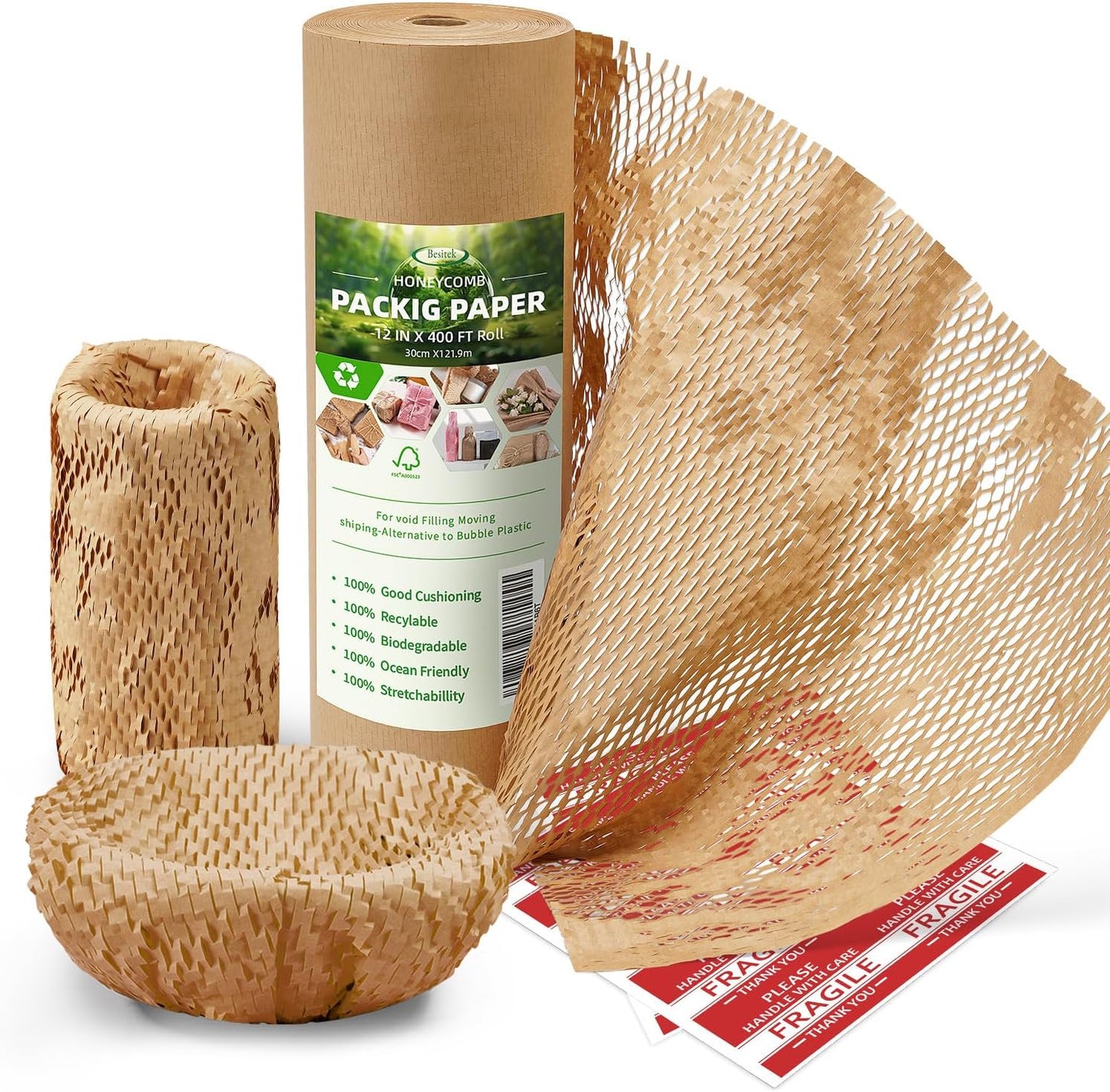 Honeycomb Packing Paper, 12" x 400' Honeycomb Cushioning Wrap Roll for Moving Shipping Packaging Gifts, Recyclable Honeycomb Paper Bubble Paper Wrapping with 20 Fragile Sticker Labels