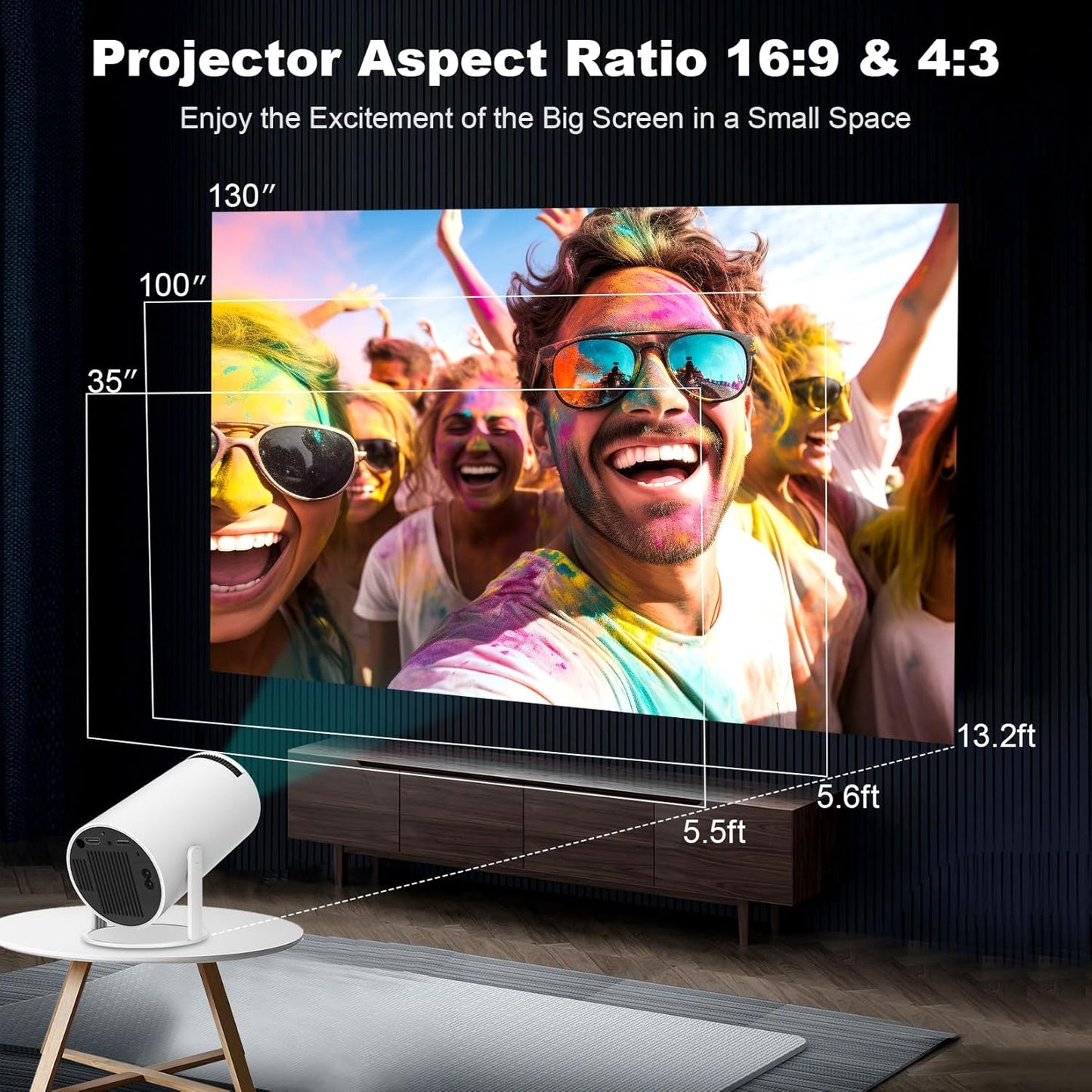 Mini Projector,Equipped with Dual Band WiFi 6 and Bluetooth 5.0,Supports 4K 1080P Resolution Portable Projector,180 ° Rotatable,Compatible with Android 13/30-200 Inches/HDMI/USB