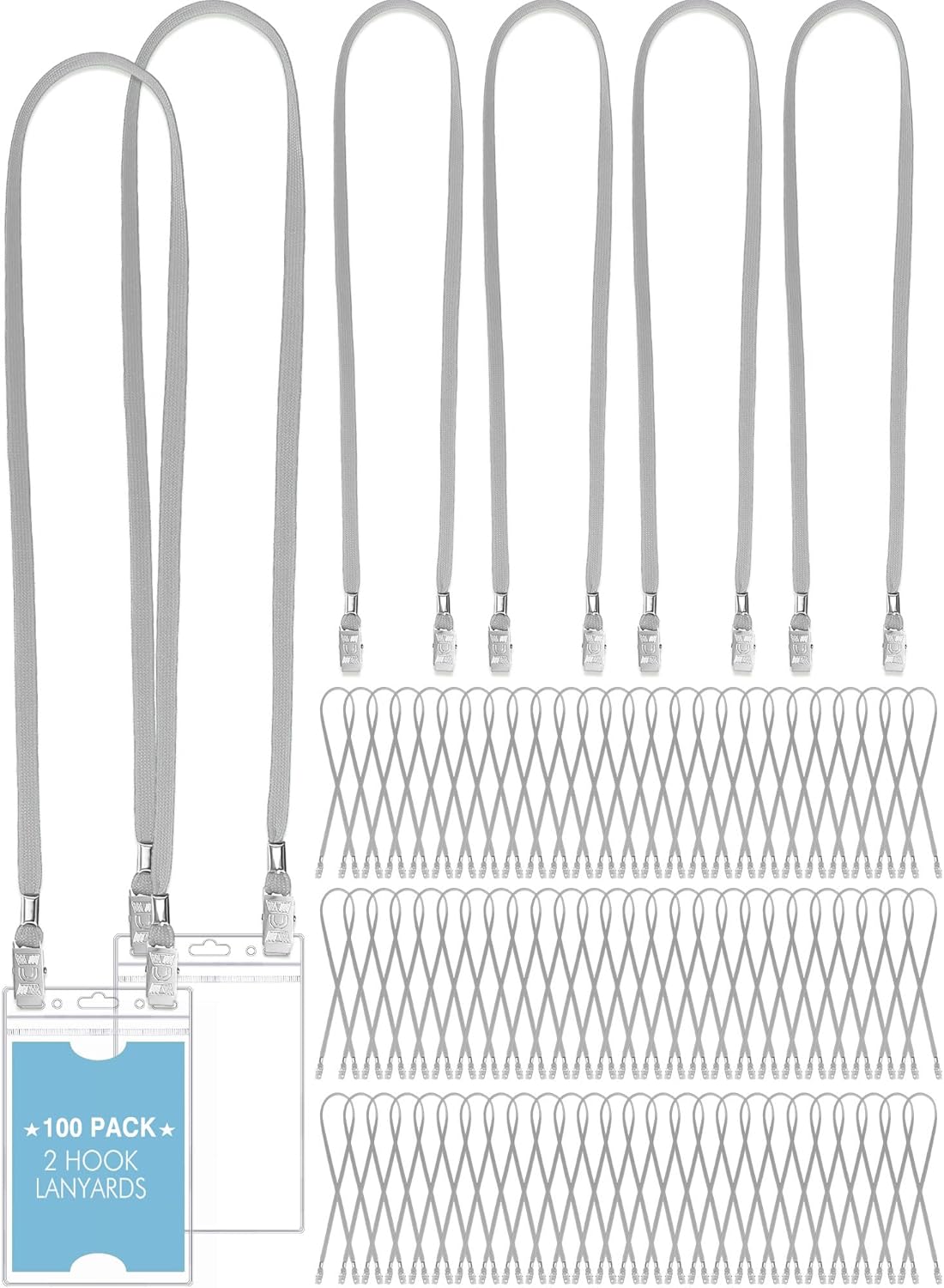 Patelai 100 Pack Double Clip Lanyards Bulk Face Mask Lanyard Twist Free 2 Hook Design Adjustable Badge Neck Strap for Conference Office Class Essential Back to School Gifts ID Card Keychain (Grey)