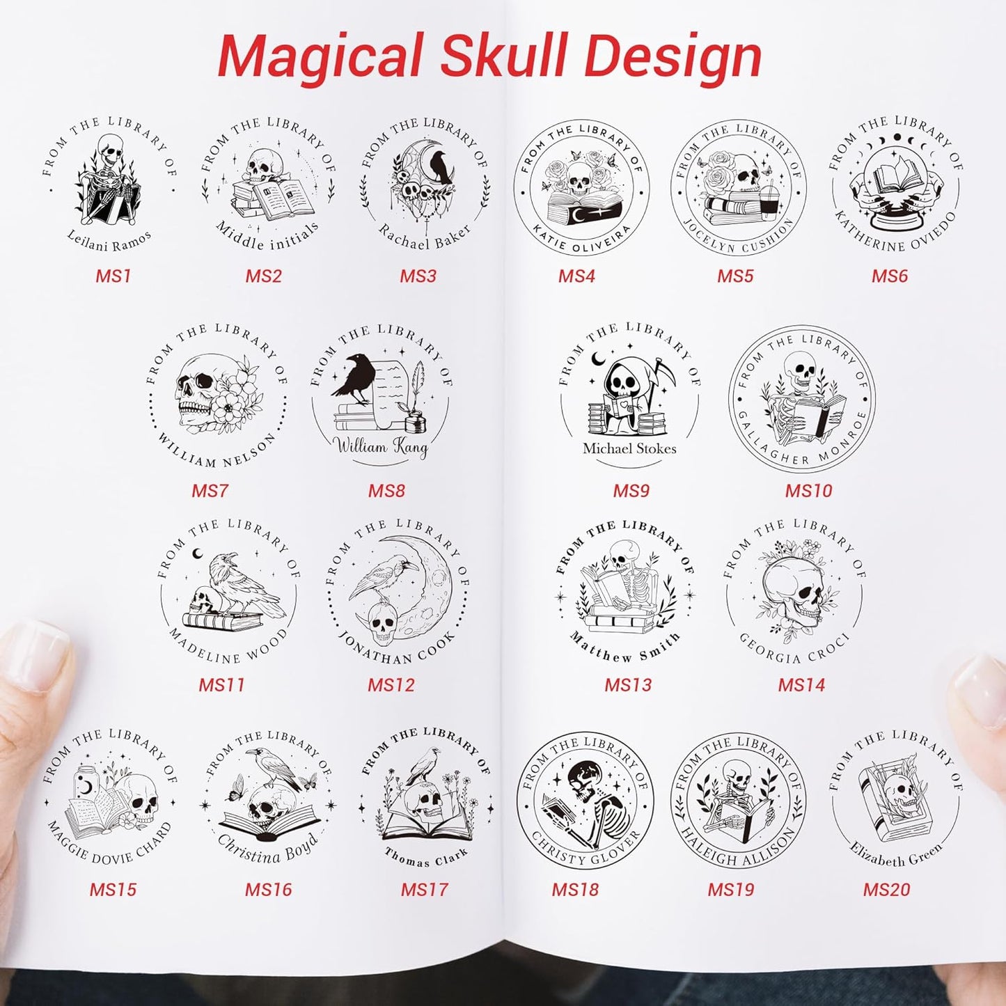 Book Embosser Personalized Skull Edition – 20 Gothic & Dark Academia Designs, Custom Book Stamp Personalized for Unique Collectors
