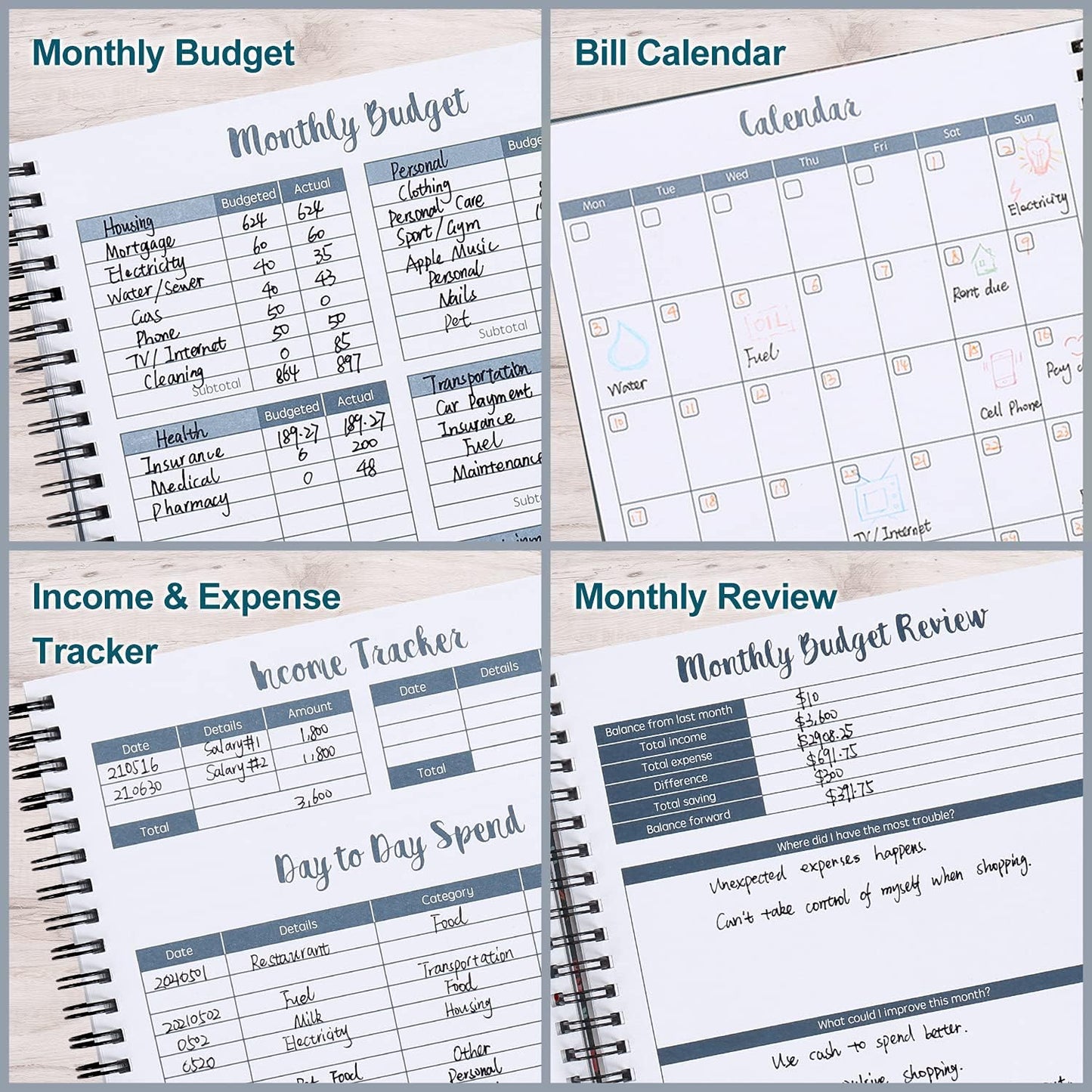 Soligt Budget Planner 2025-2026, Monthly Budget Book Bill Organizer with 12 Pockets, Undated Home Financial Money Expense Saving Debt Tracker Notebook, 1 Year, Blue Floral, Spiral Design
