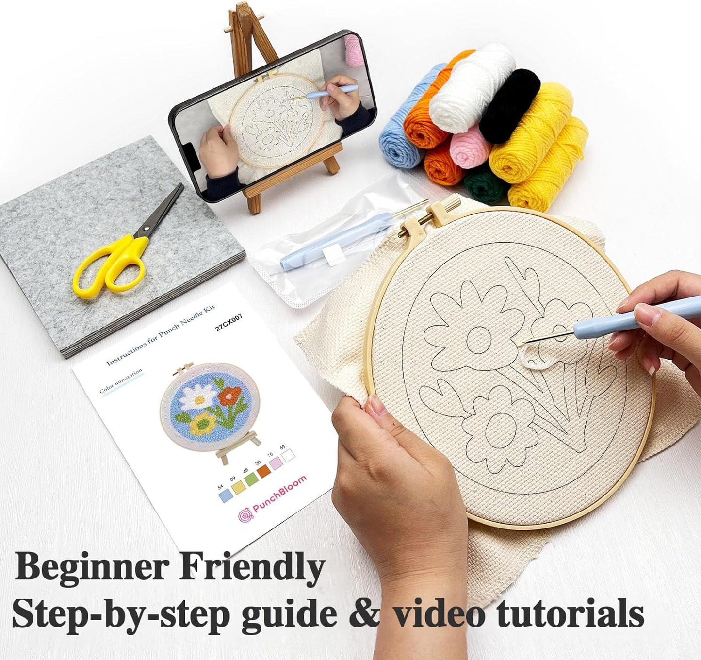 Punch Needle Kit for Adults Beginners, 2Pcs Flower Punch Embroidery Starter Kit – Easy Yarn Stitch Project with Instructions – Fun Needle Point Craft for Home Decor & Gift Idea