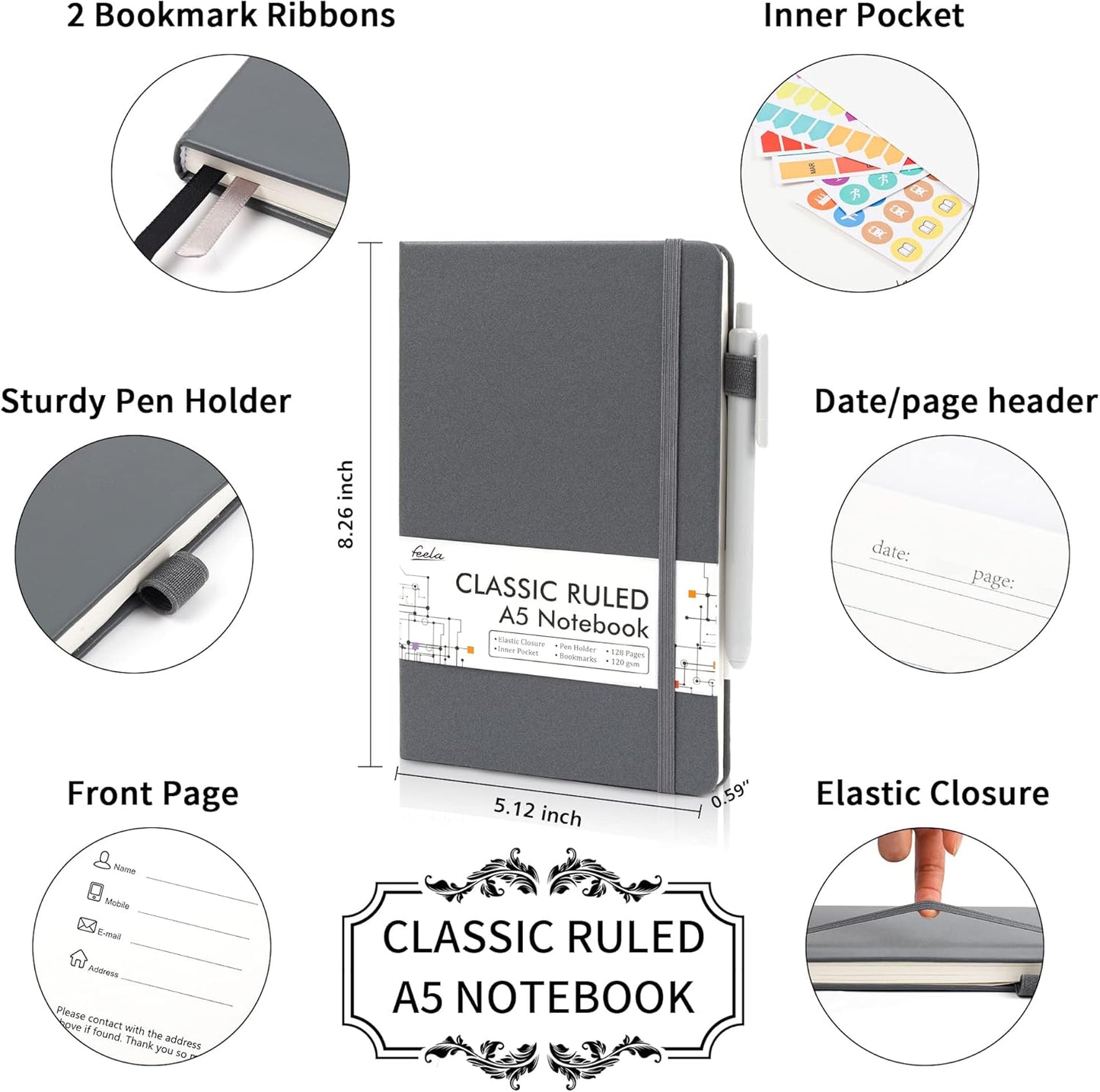 12 Pack Notebooks Journals Bulk with 12 Black Pens, Feela A5 Hardcover Notebook Classic Ruled Journal Set with Pen Holder for School Business Work Travel Writing, 120 GSM, 5.1”x8.3”, Gray