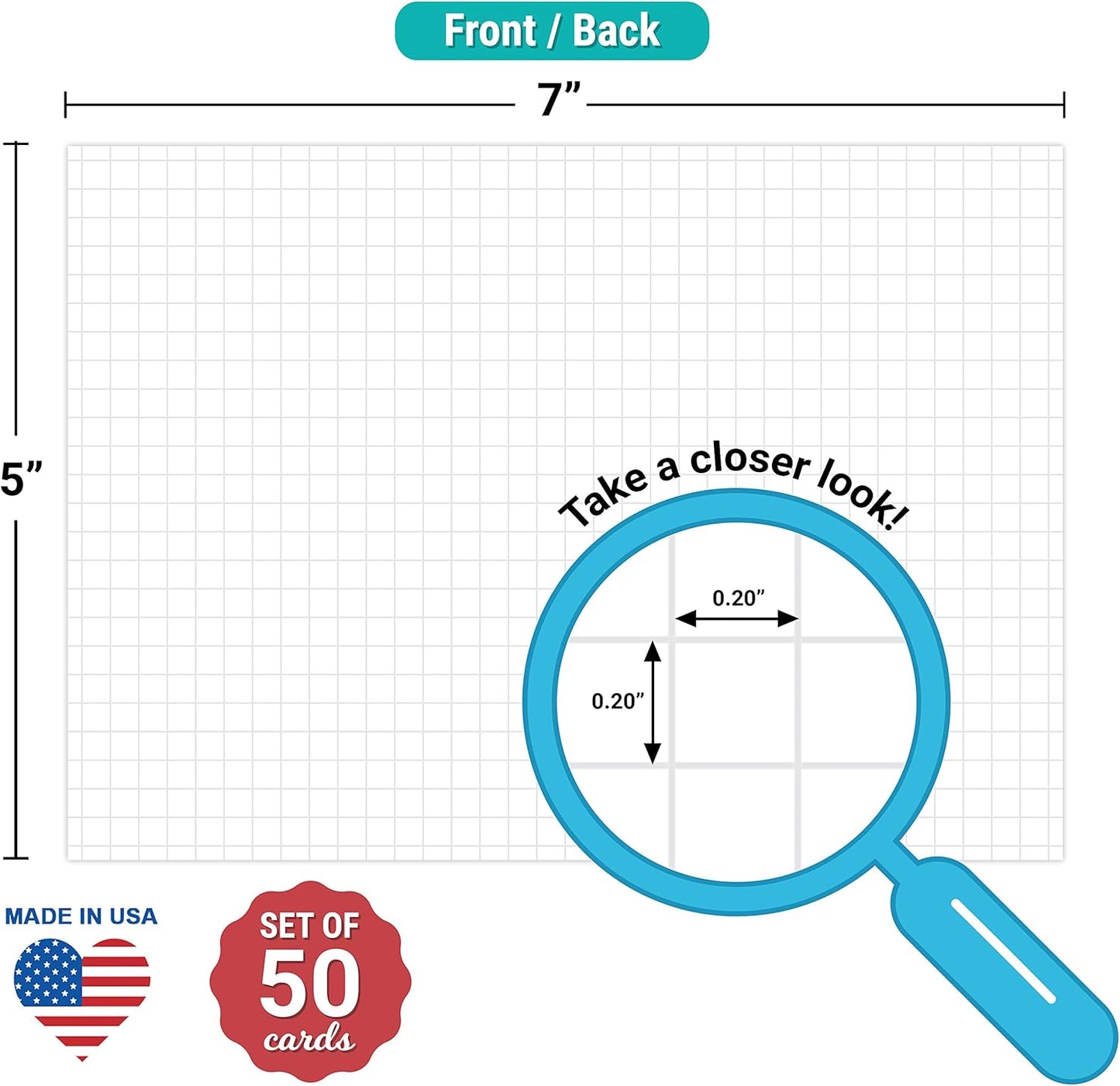 321Done Grid Index Cards (Set of 50) 5x7, Graph-Ruled 0.20 Double-Sided, Thick Cardstock, Made in The USA, White