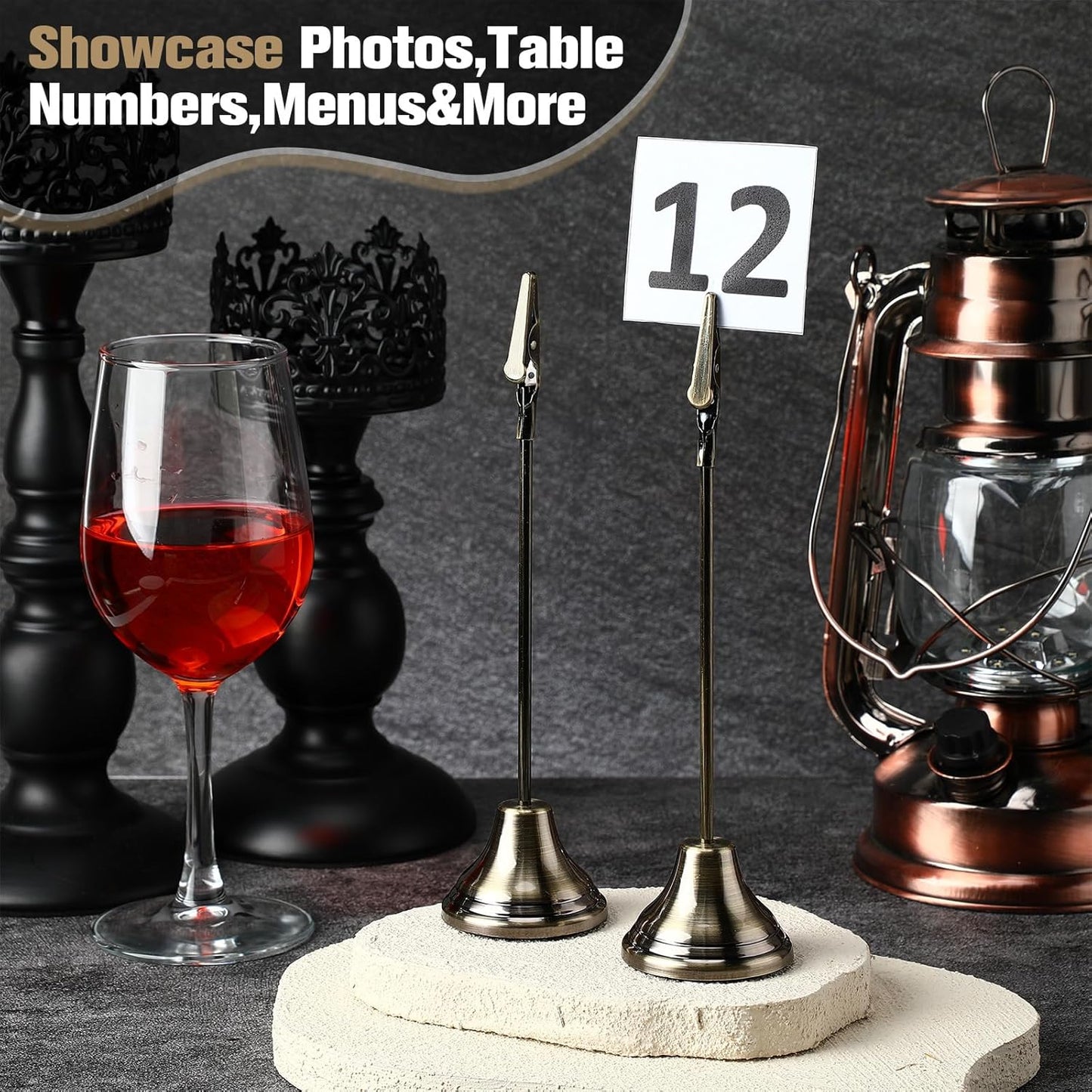 12 Pcs Table Number Holders 8 Inch Place Card Holder with Alligator Clip Metal Table Card Holders Table Number Stands Table Sign Holders for Photos, Food Signs, Birthdays, Weddings (bronze)
