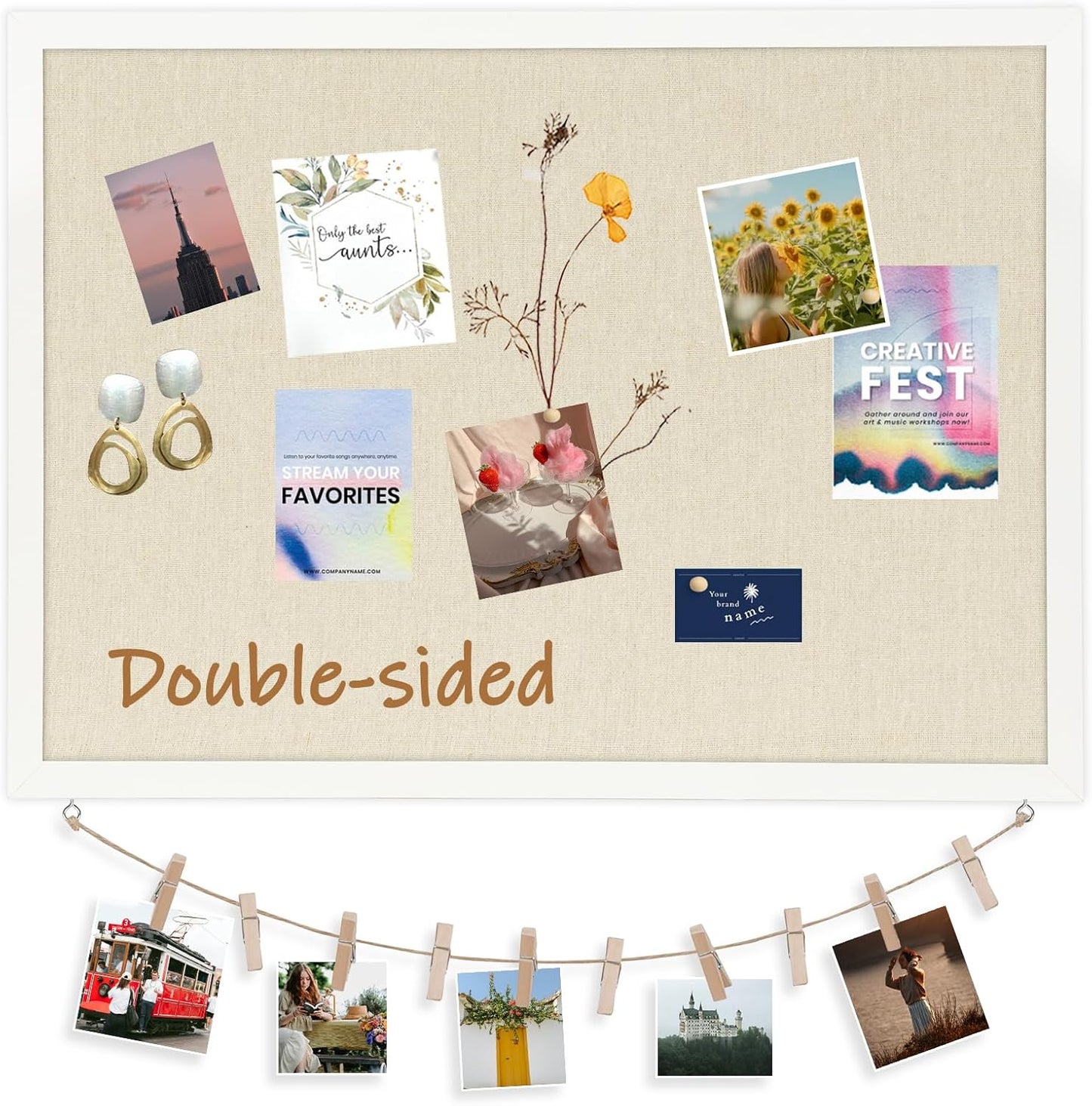 DOLLAR BOSS Cork Board Bulletin Board with Linen Double-Sided 30" x 20" Linen Corkboards for Walls Picture Display Vision Board for Office Home School Framed Picture Pin Board, 20 Pushpins 10 Clips