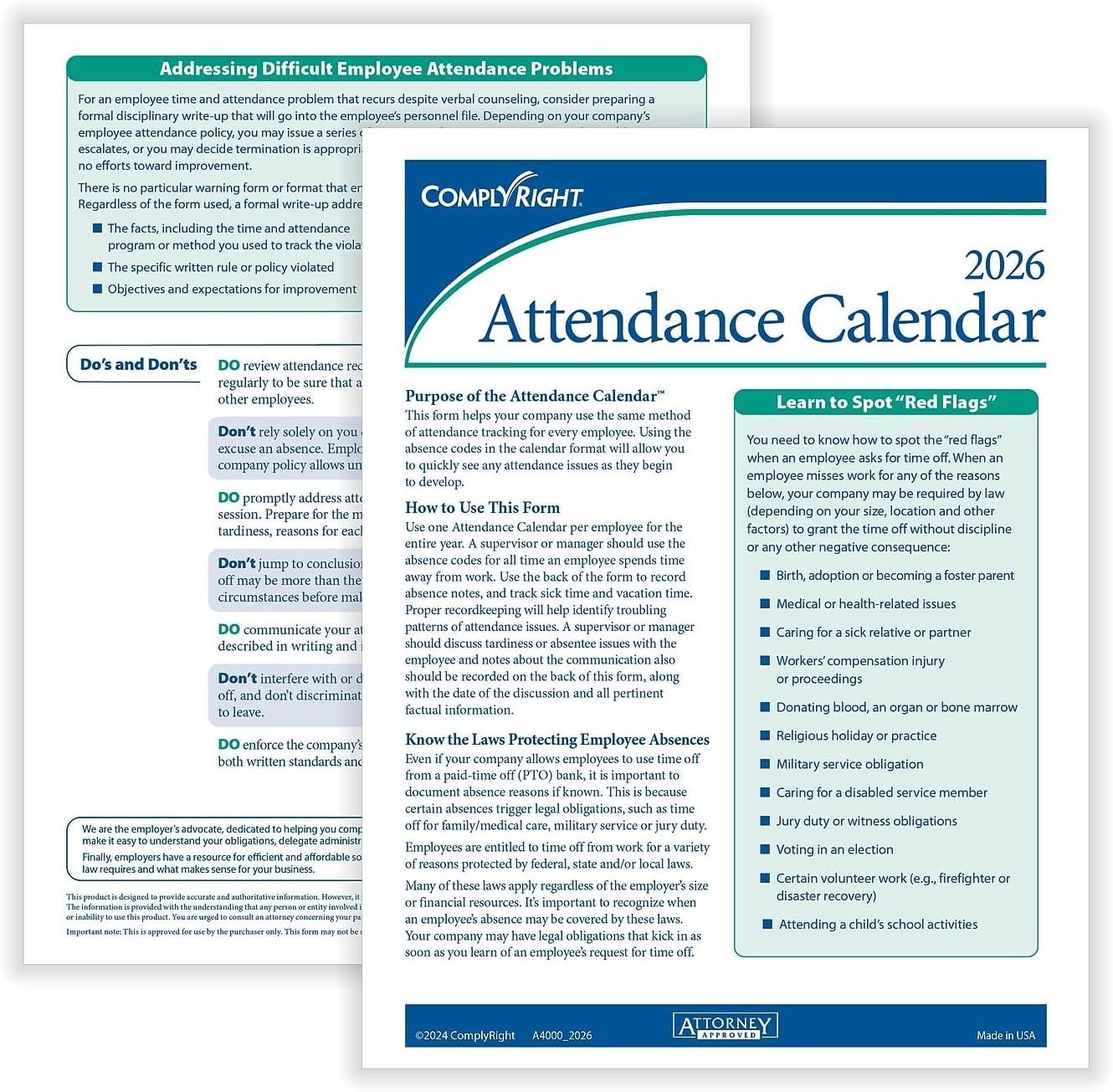 2026 Attendance Calendar Kit, White, Pack of 25