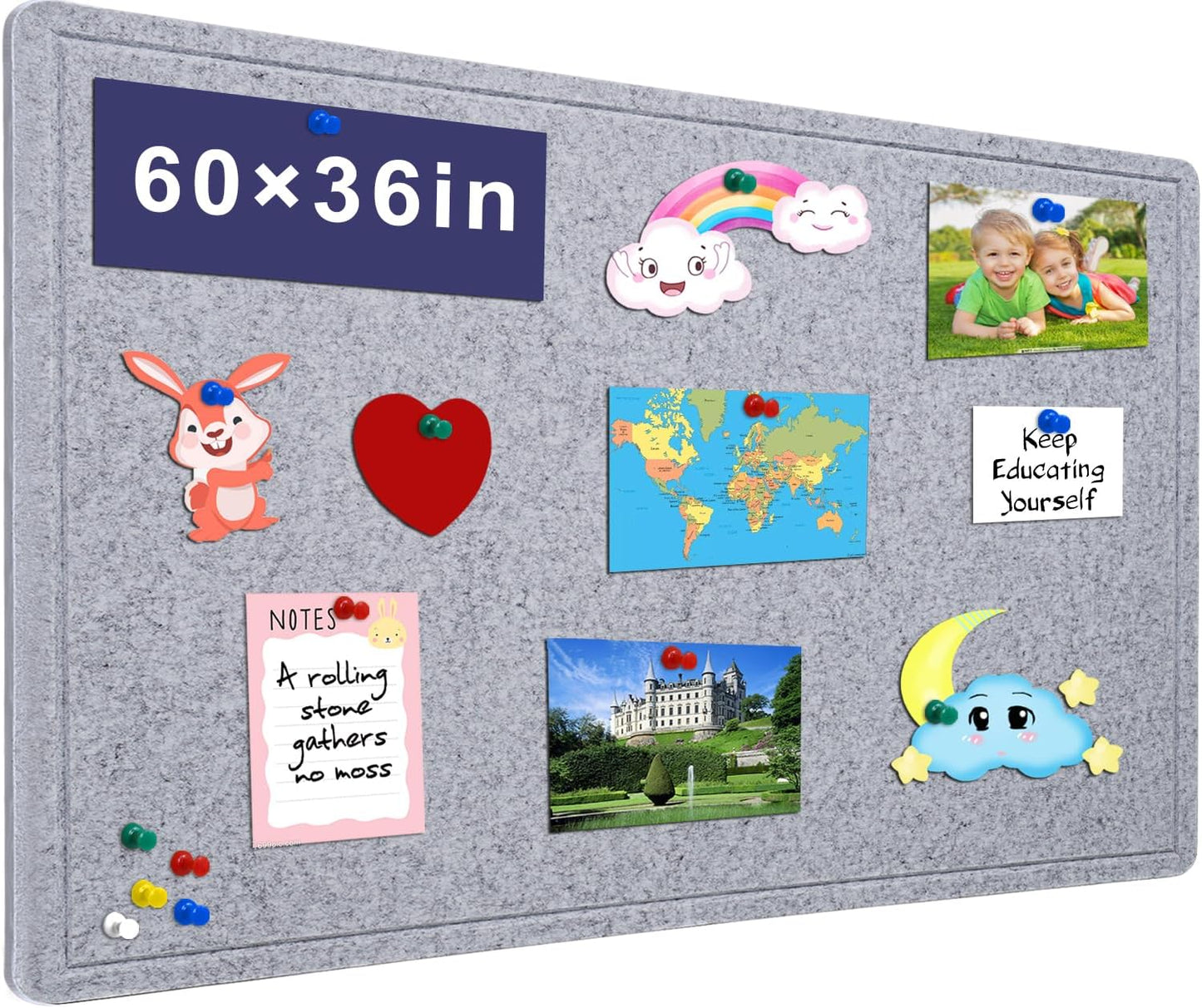 Large Bulletin Board - 60 X 36 inches Decorative Felt Pin Board - 5' x 3' Cork Board Alternative for Wall - Foldable Photo Board Self-Adhesive Vision Board Prayer Board with 30 Pushpins - Silver Gray